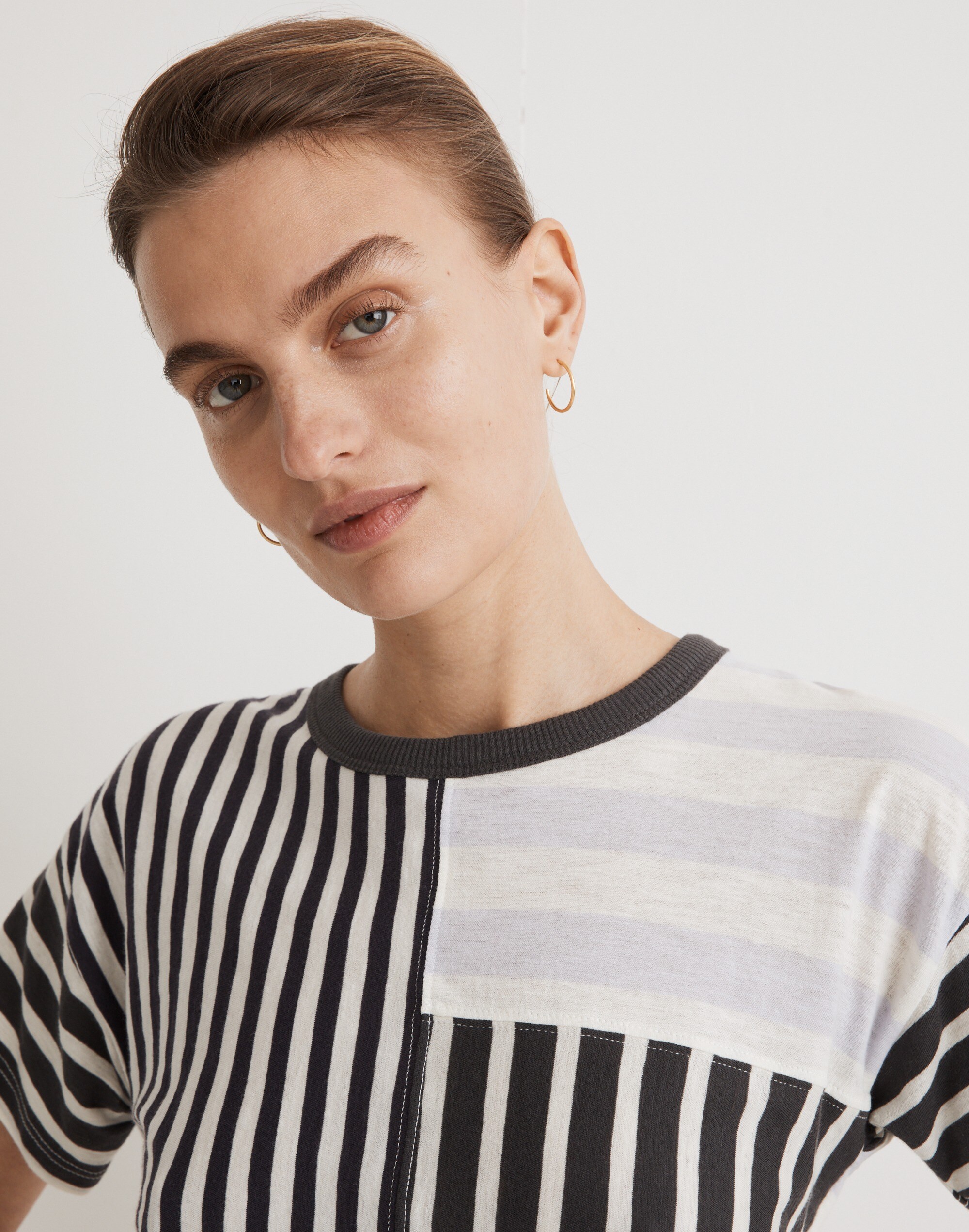 Whisper Cotton Rib-Crewneck Tee in Stripe
