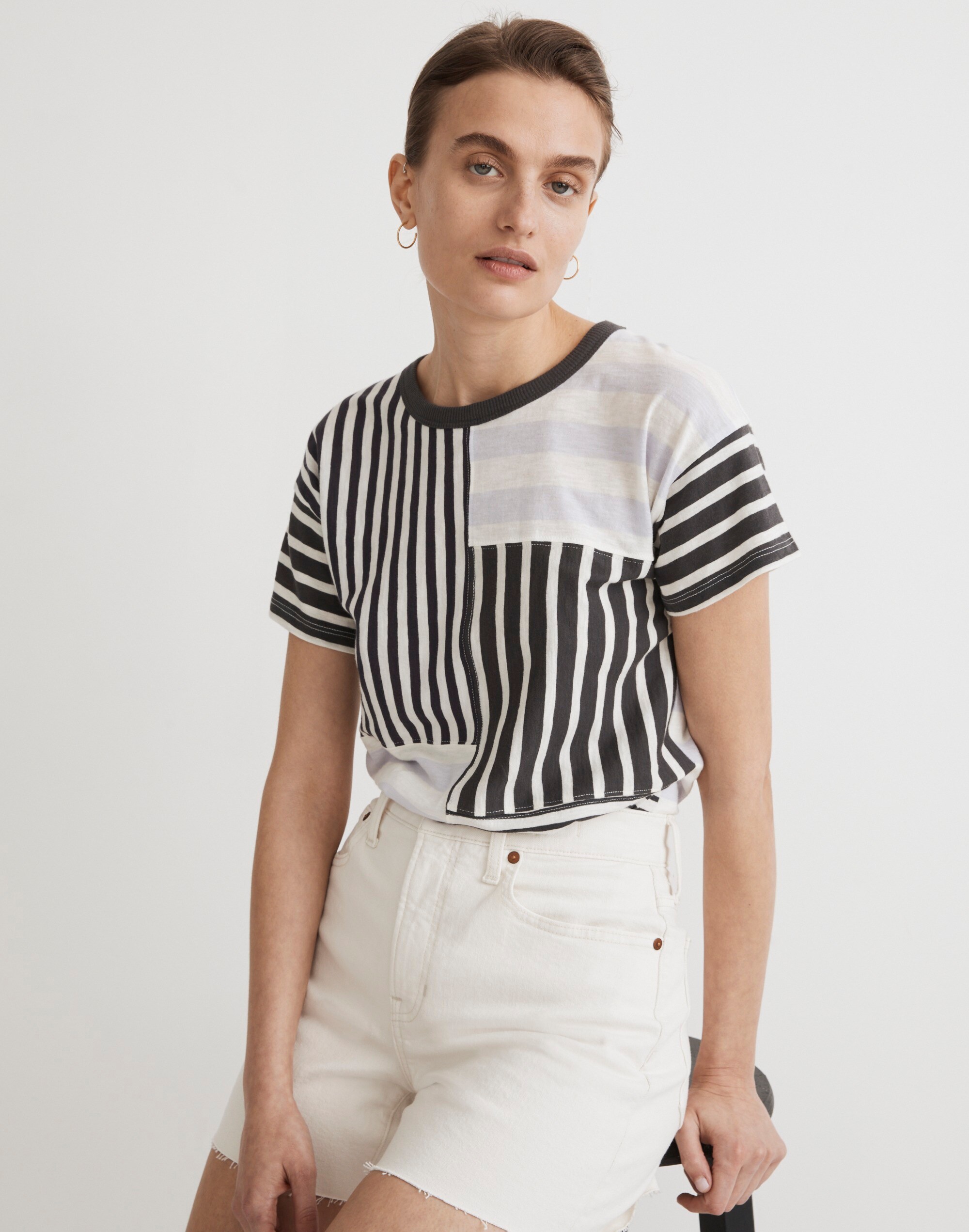 Whisper Cotton Rib-Crewneck Tee in Stripe