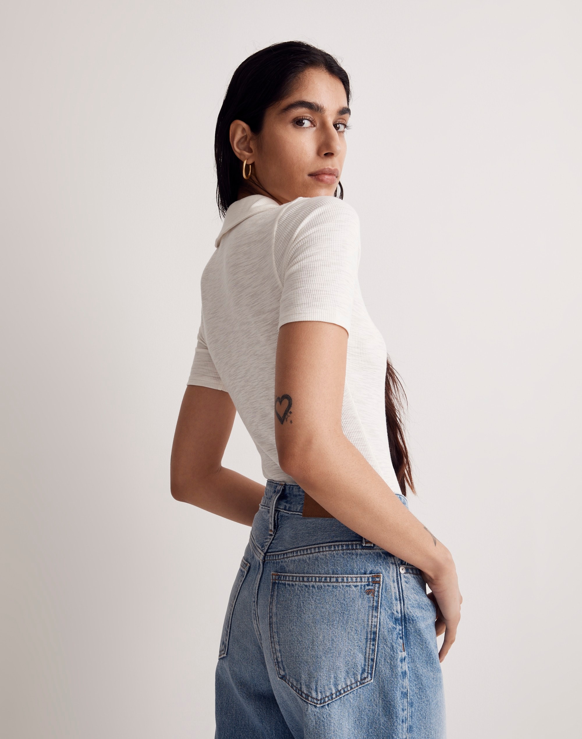 Ribbed Short-Sleeve Polo Thong Bodysuit