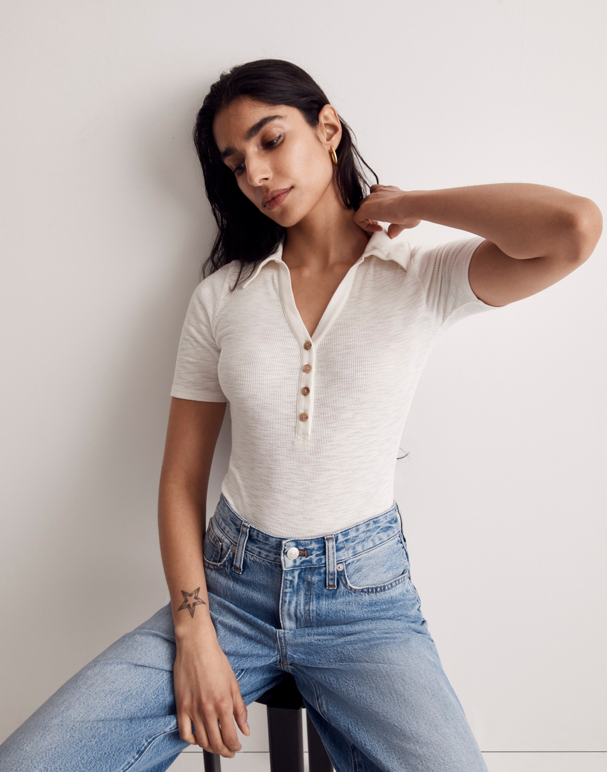 Ribbed Short-Sleeve Polo Thong Bodysuit