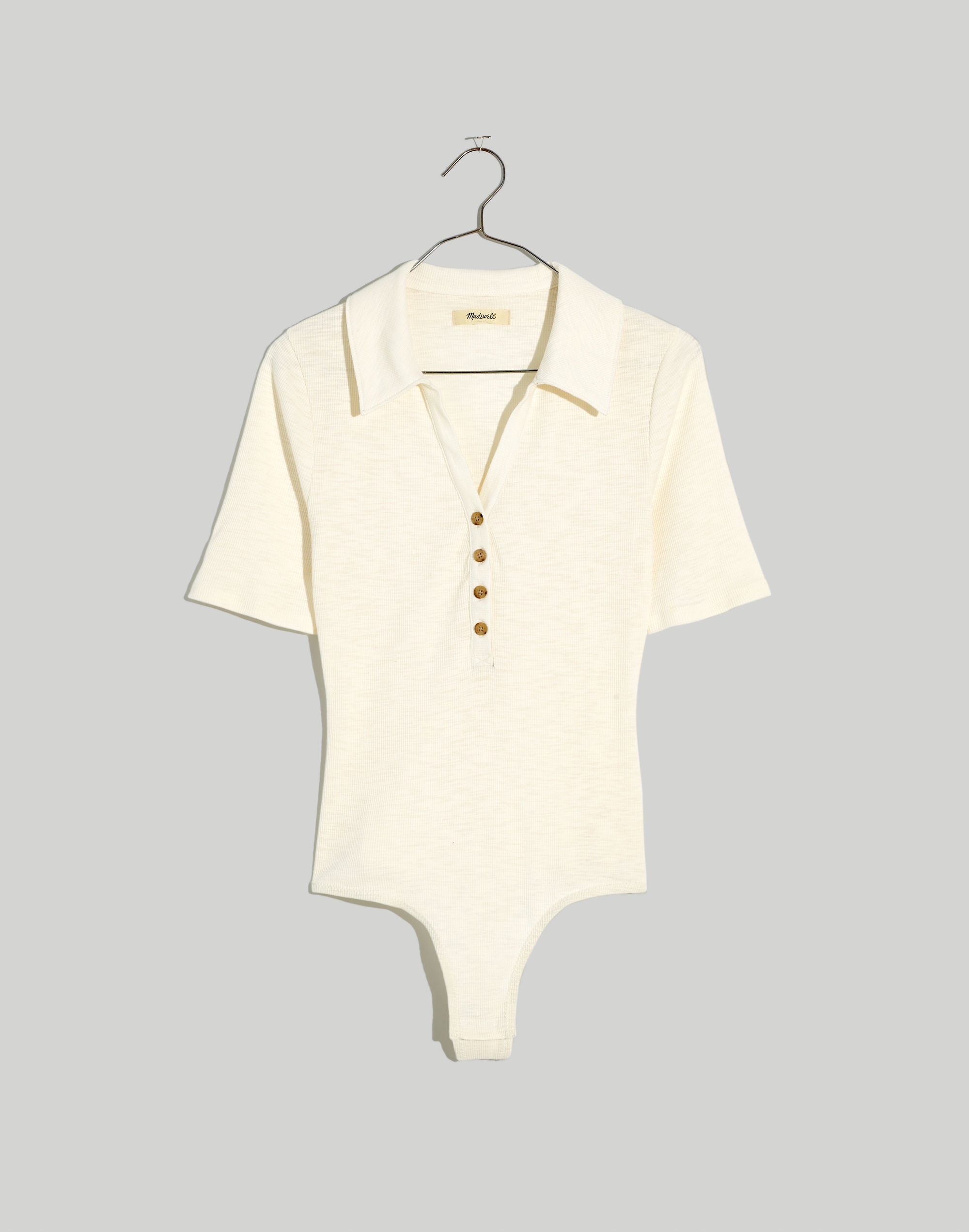 Ribbed Short-Sleeve Polo Thong Bodysuit