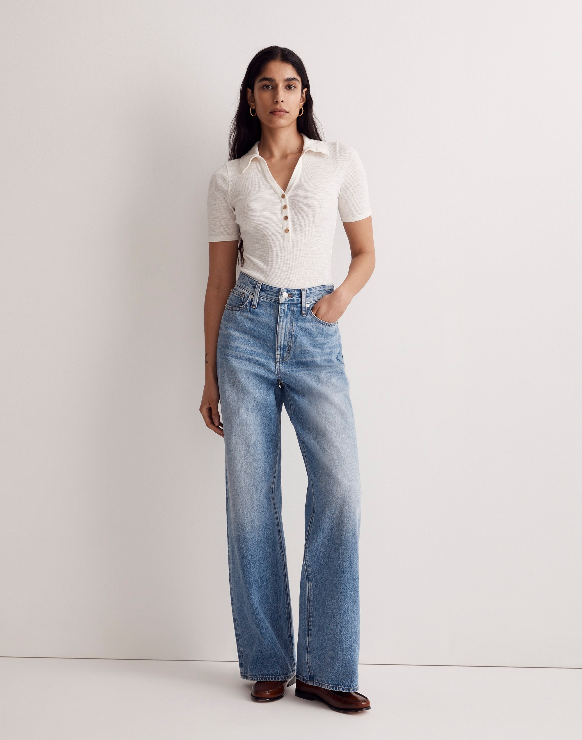 Ribbed Short-Sleeve Polo Thong Bodysuit