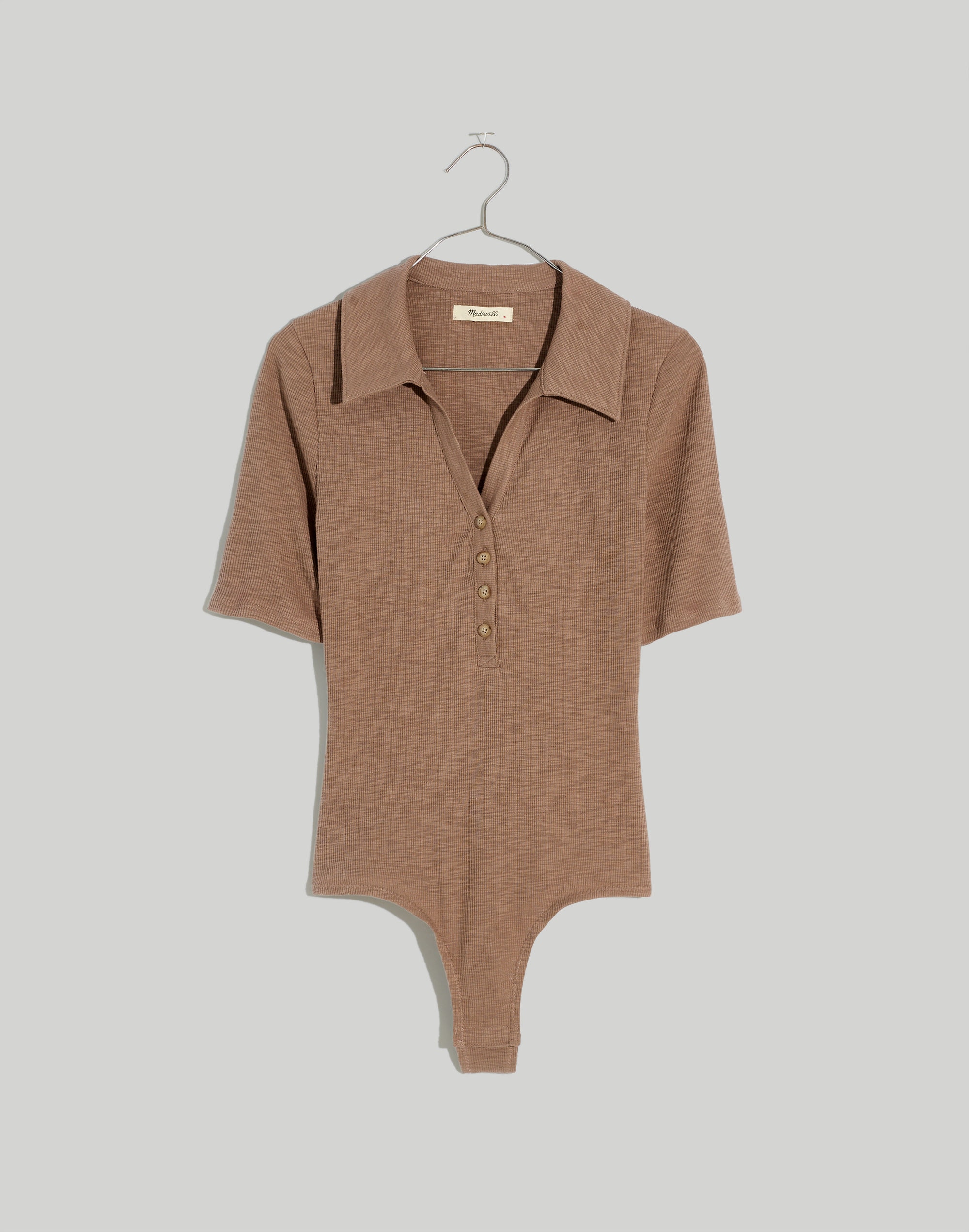 Ribbed Short-Sleeve Polo Thong Bodysuit