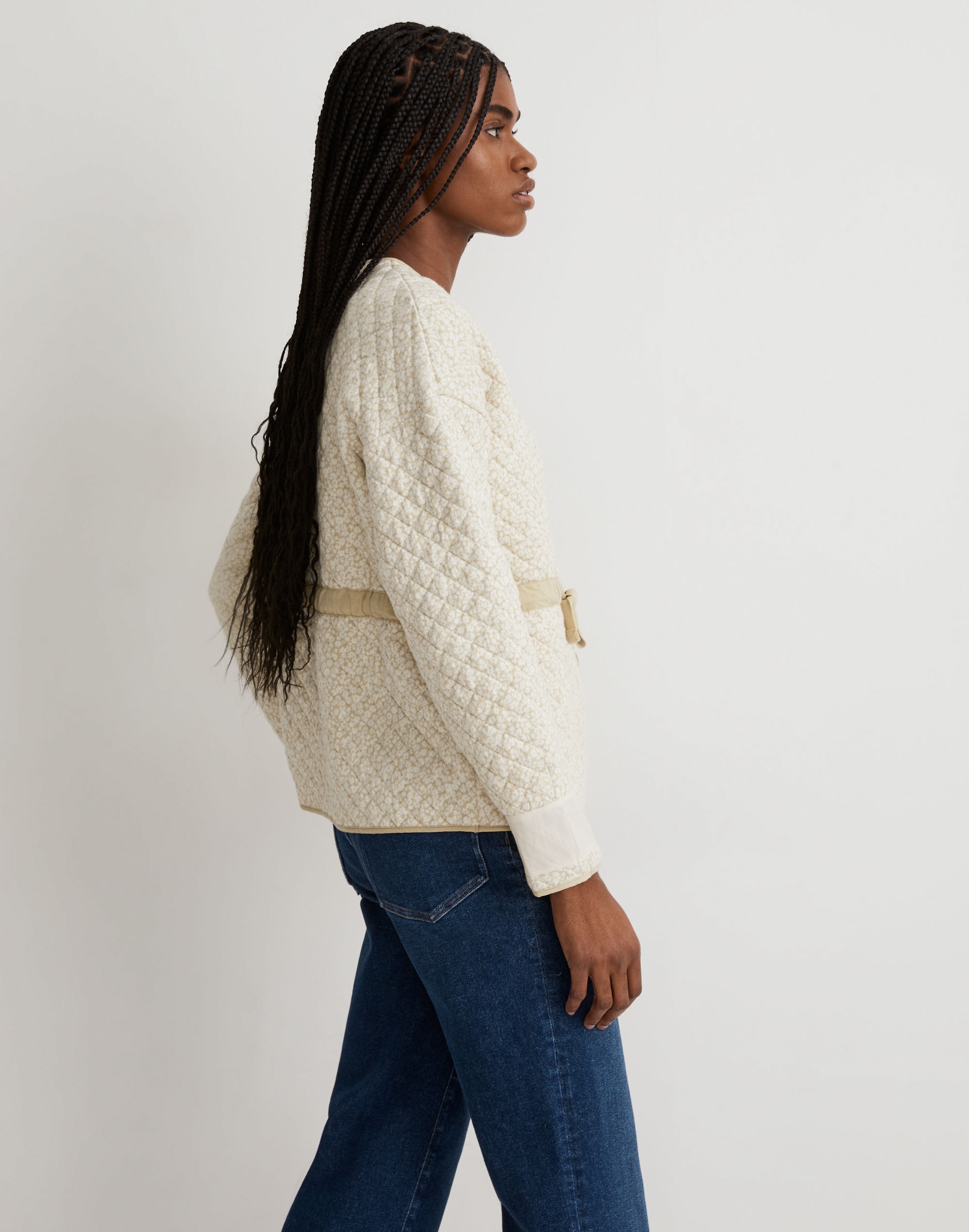 Quilted Jacquard Snap-Front Collarless Jacket in Daisy Blooms