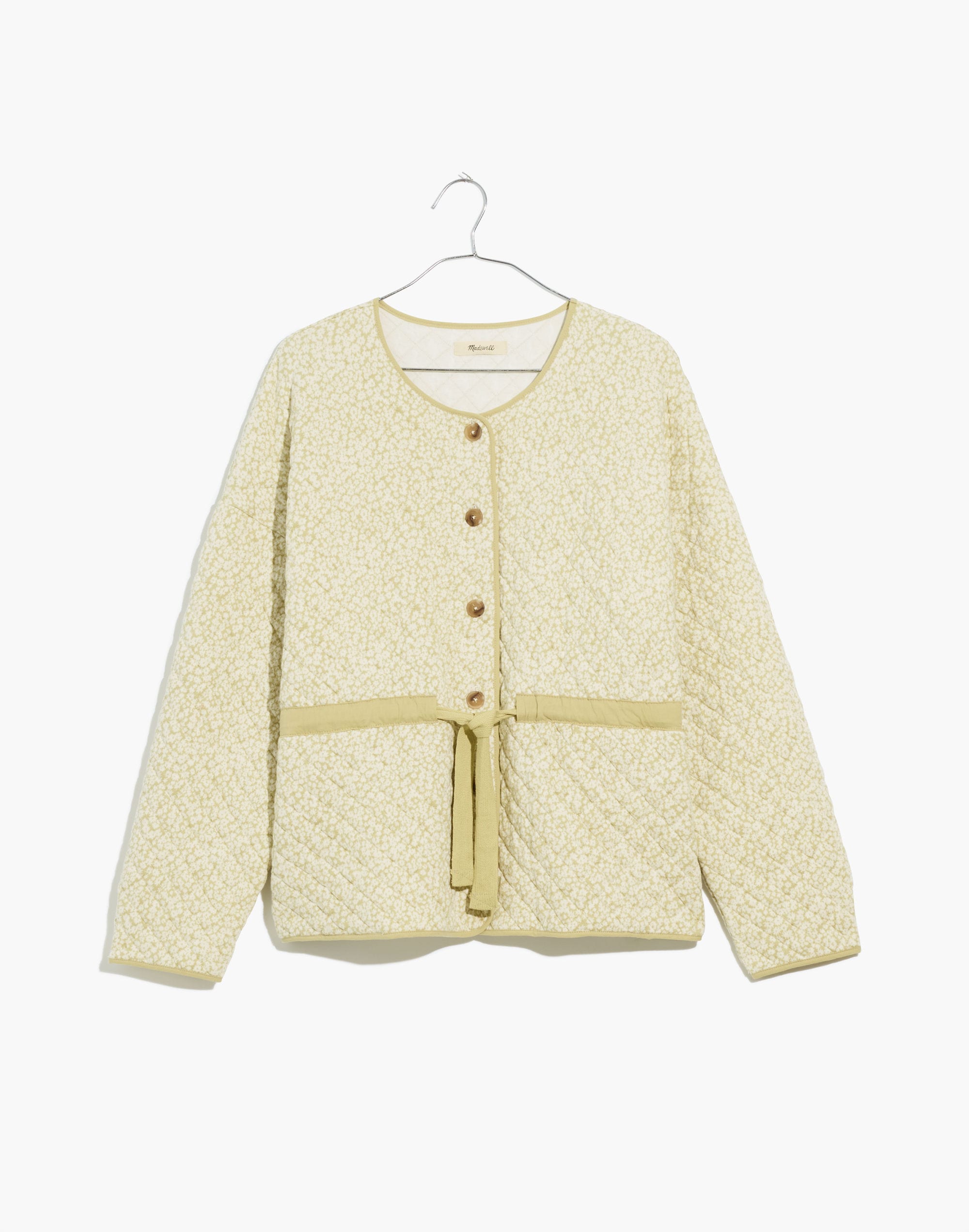 Quilted Jacquard Snap-Front Collarless Jacket in Daisy Blooms