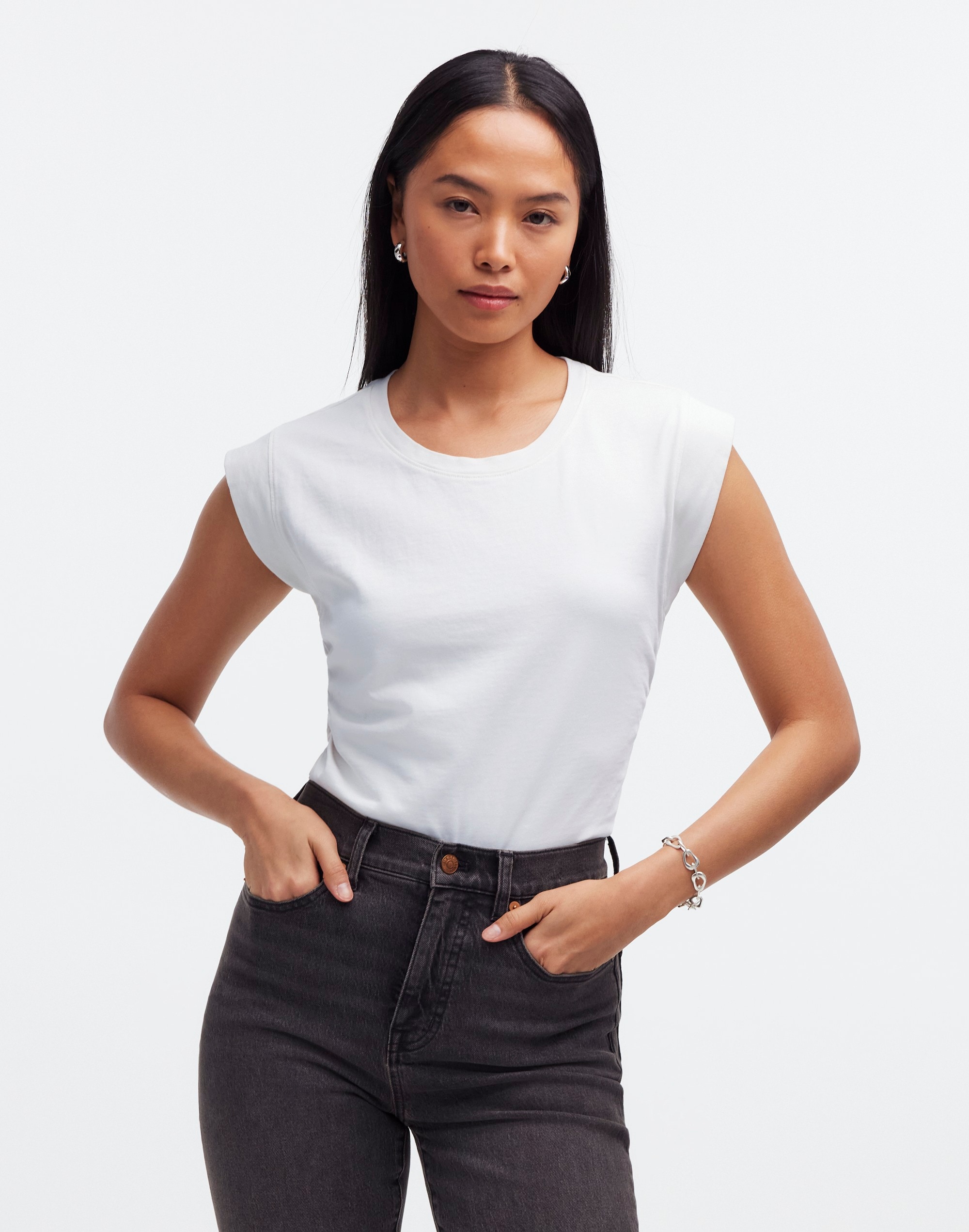 Mw Side-cinch Muscle Tee In Eyelet White