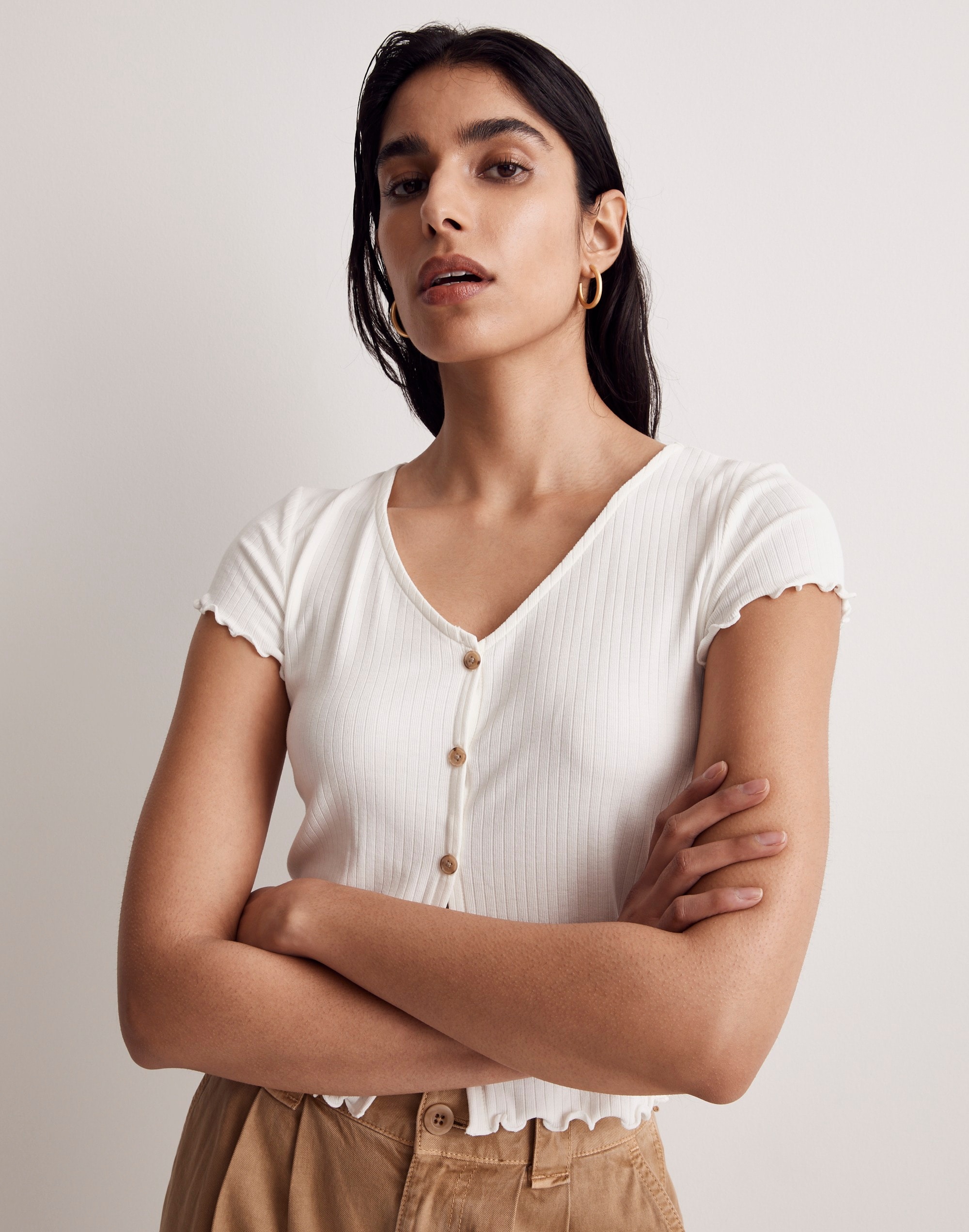 Ribbed Button-Front V-Neck Tee