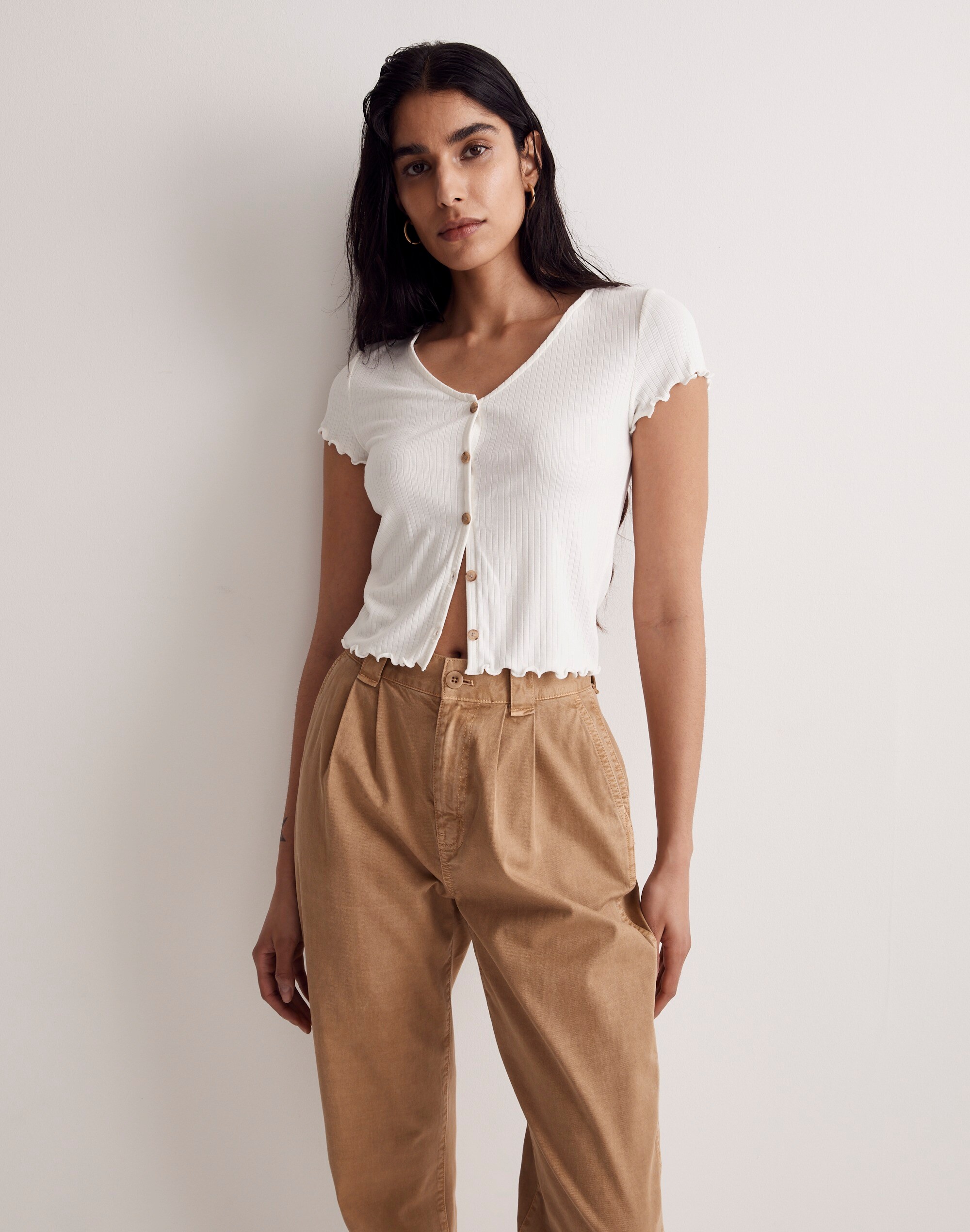 Ribbed Button-Front V-Neck Tee