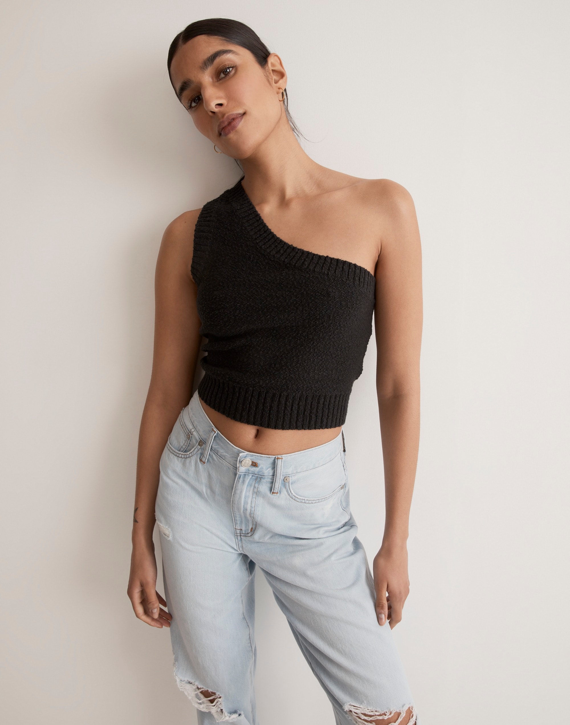 Textural-Knit One-Shoulder Sweater Tank