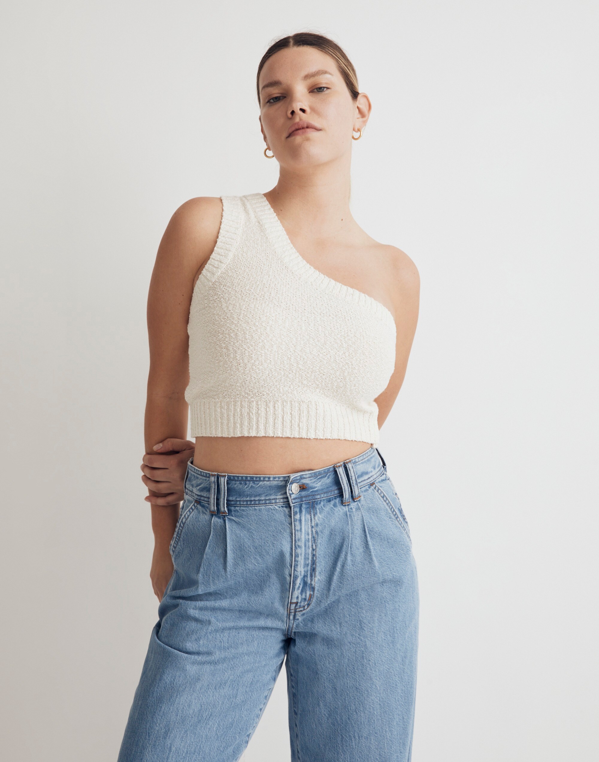 Textural-Knit One-Shoulder Sweater Tank
