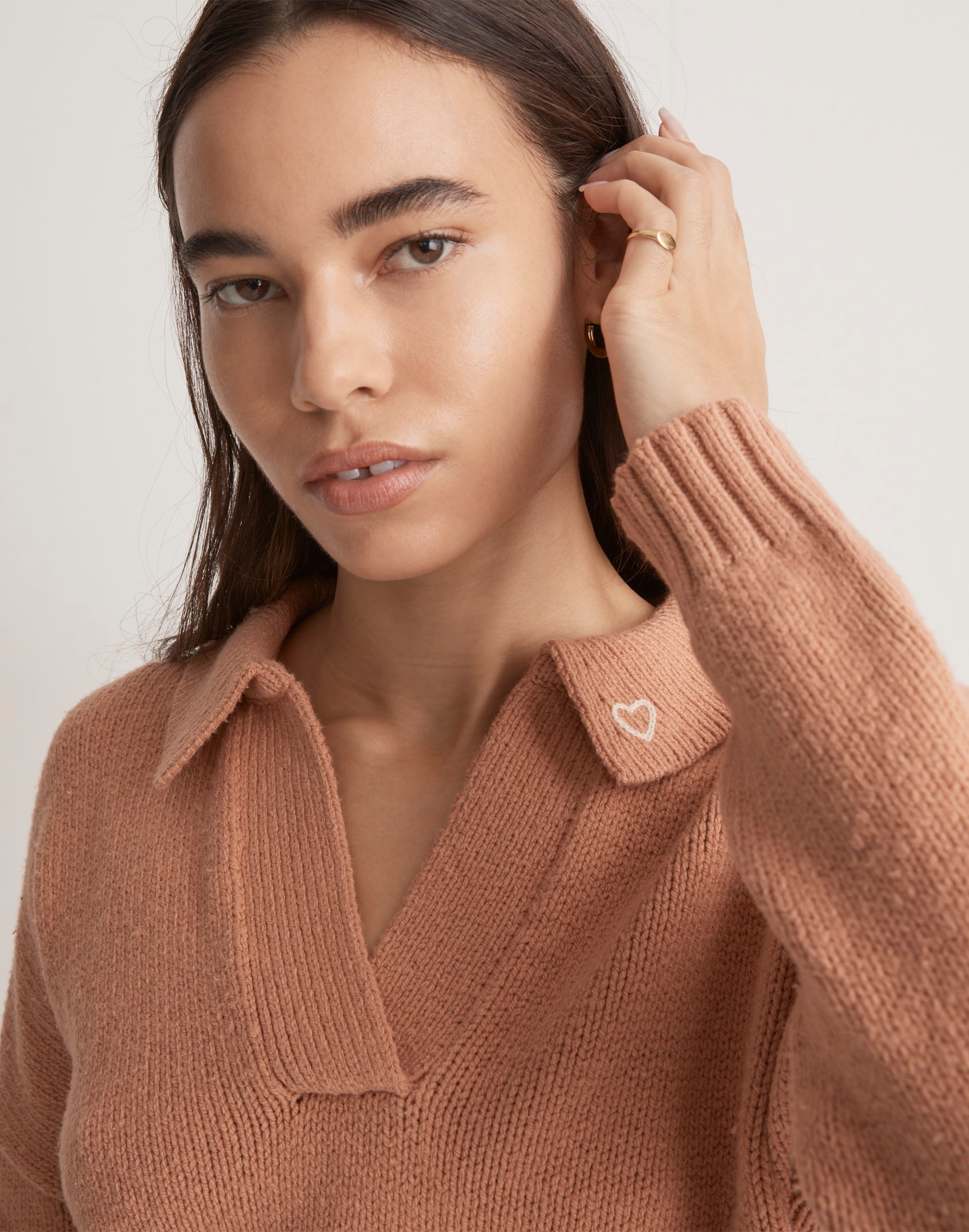 Heart-Embroidered Polo Sweater