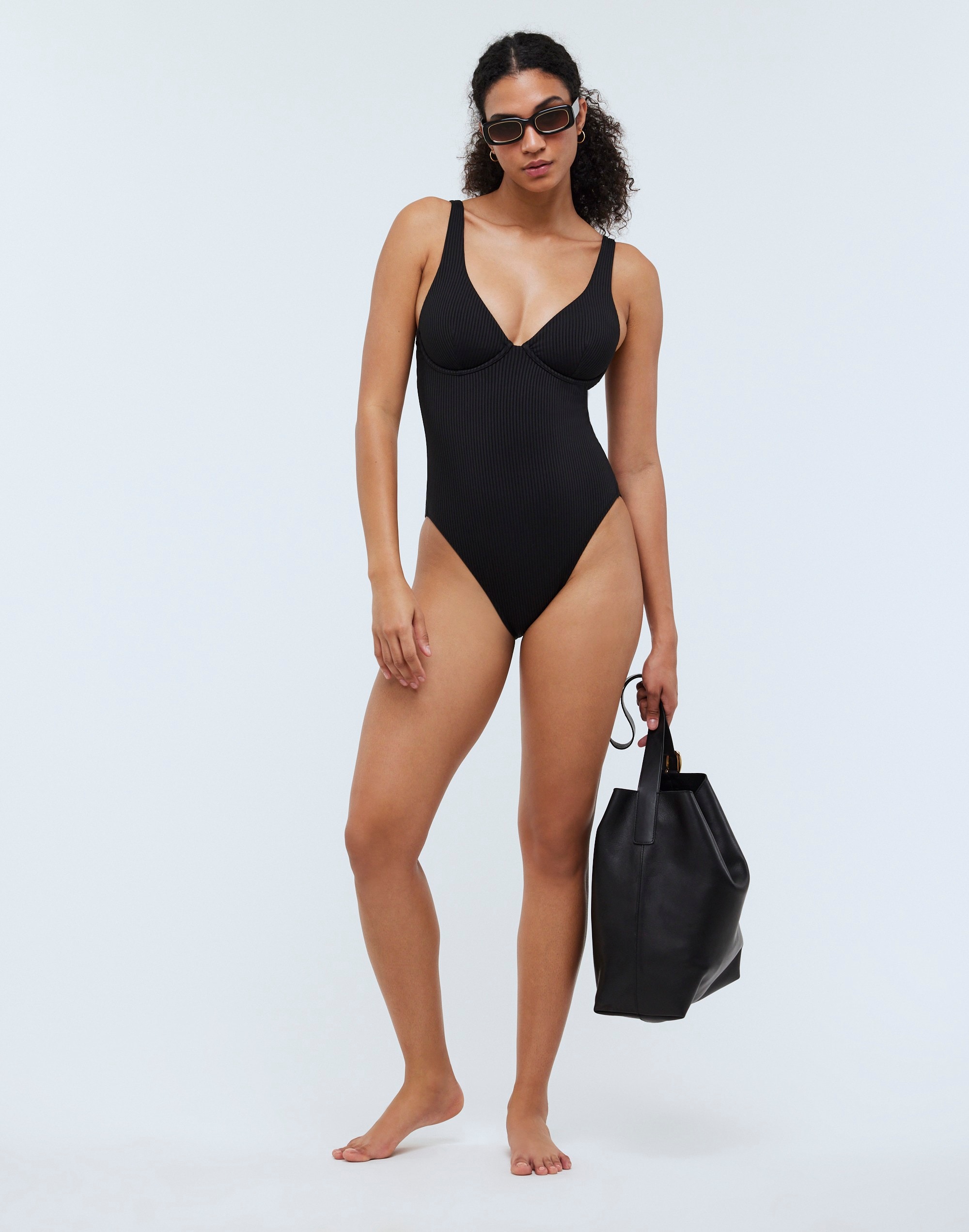 Mw Ribbed Underwire Open-back One-piece Swimsuit In True Black