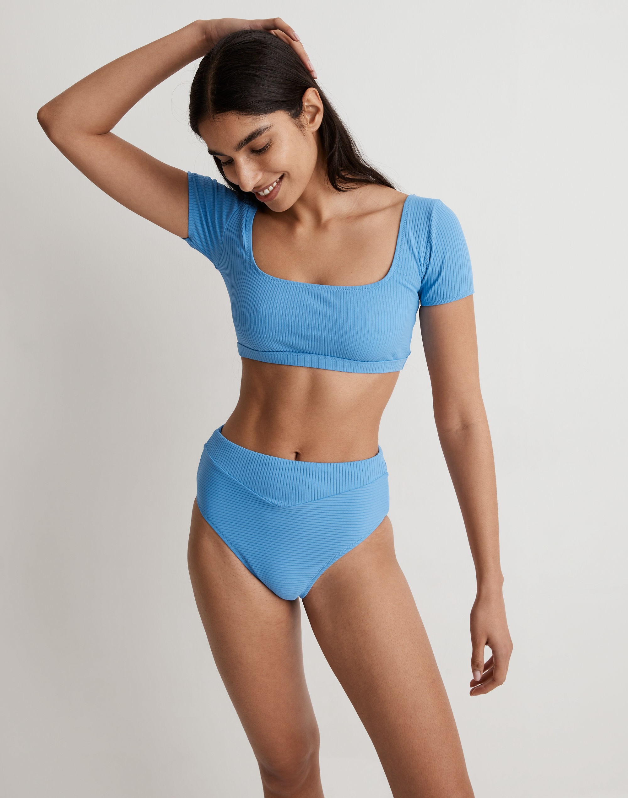 ribbed square-neck longline bikini top
