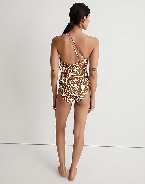 Double-Strap One-Shoulder One-Piece Swimswit in Abstract Flora