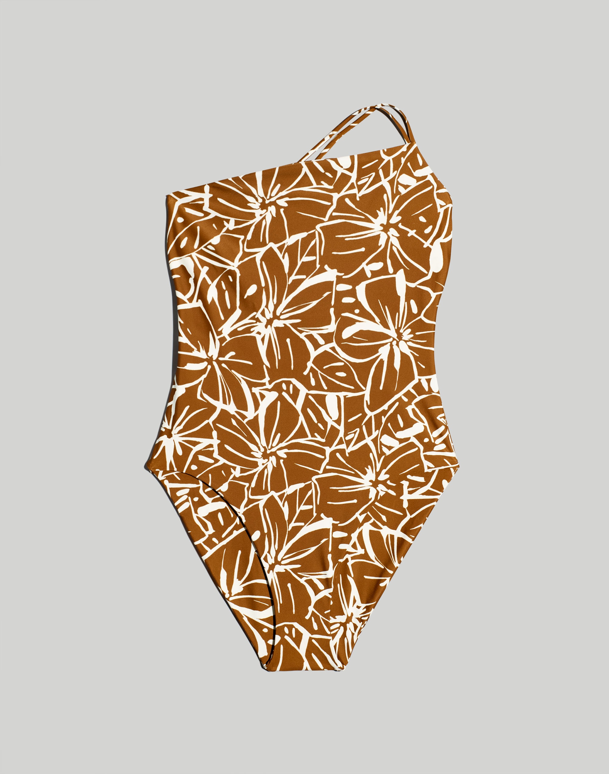 Double-Strap One-Shoulder One-Piece Swimswit in Abstract Flora