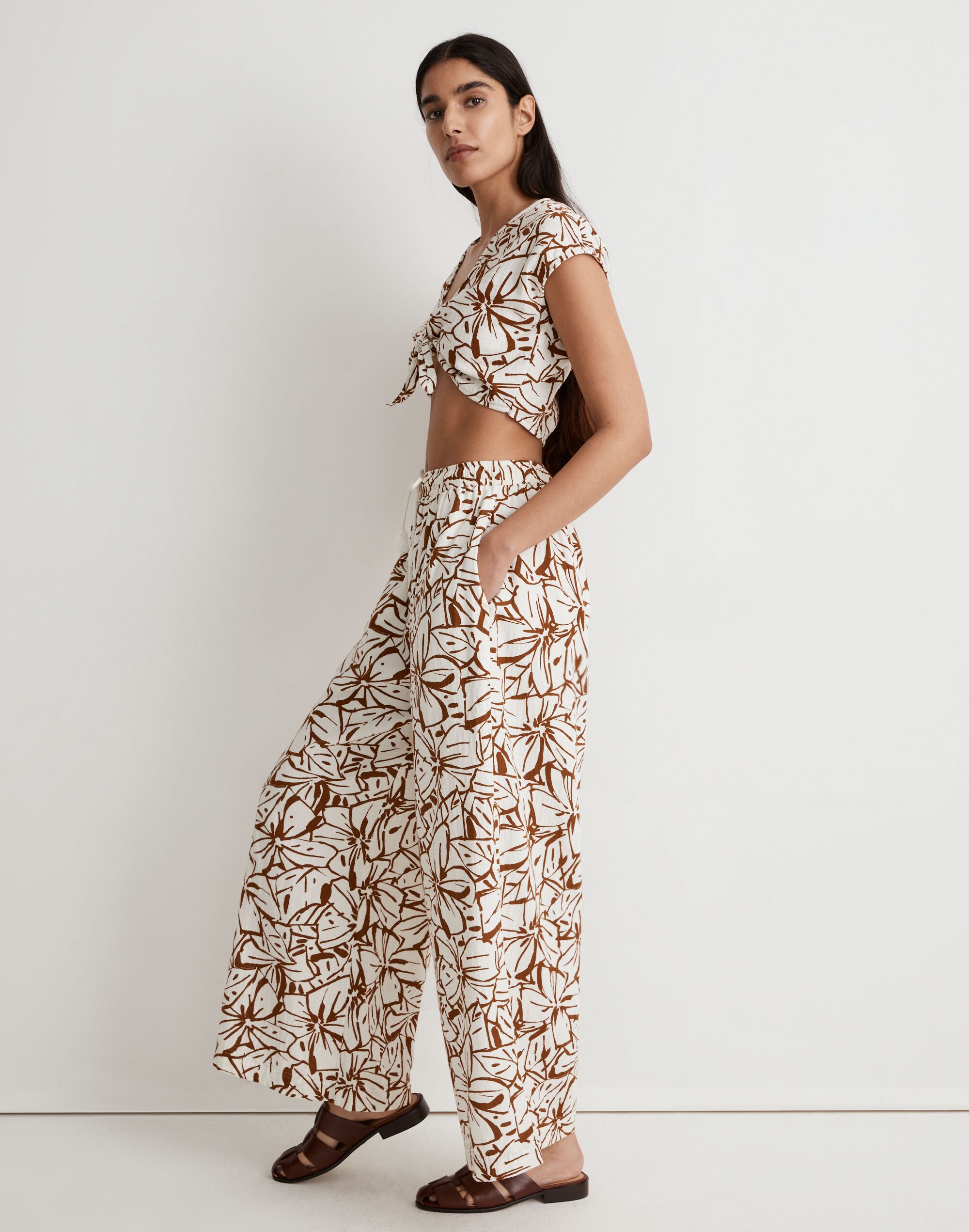 Double-Gauze Drawstring Wide-Leg Pants in Abstract Flora