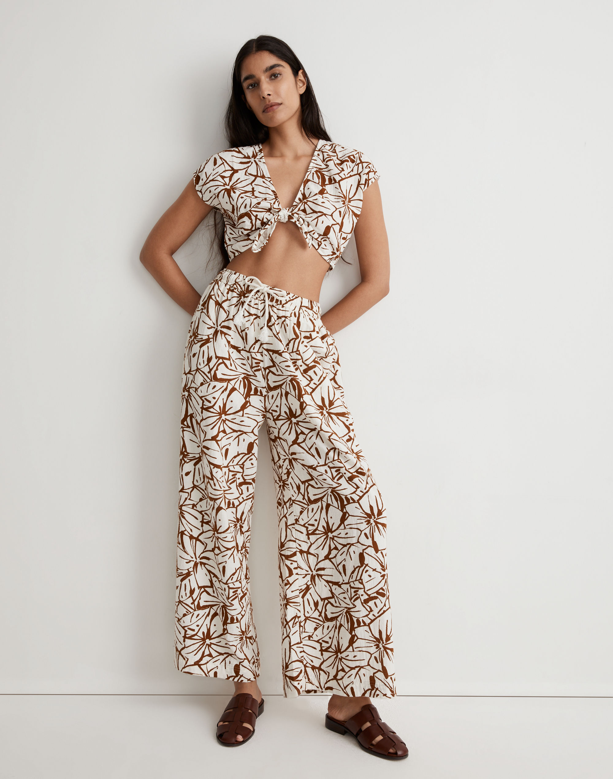 Double-Gauze Drawstring Wide-Leg Pants in Abstract Flora