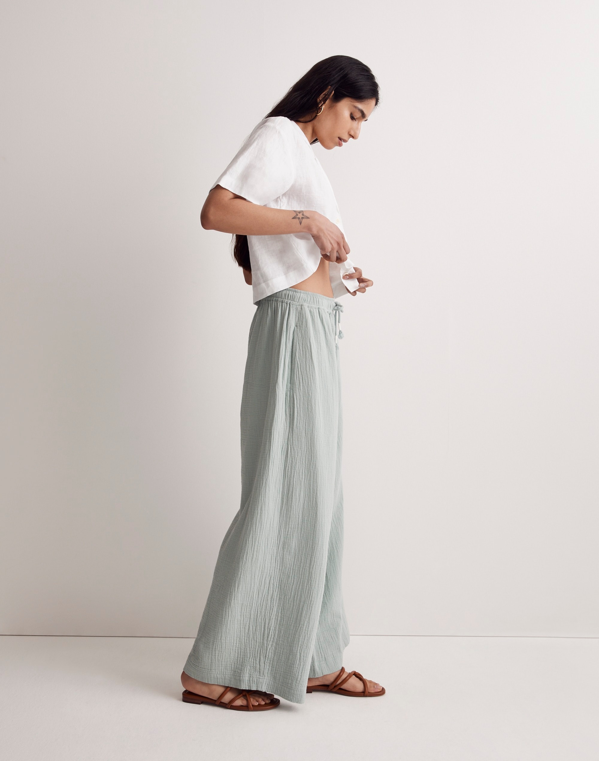 Double-Gauze Drawstring Wide-Leg Pants