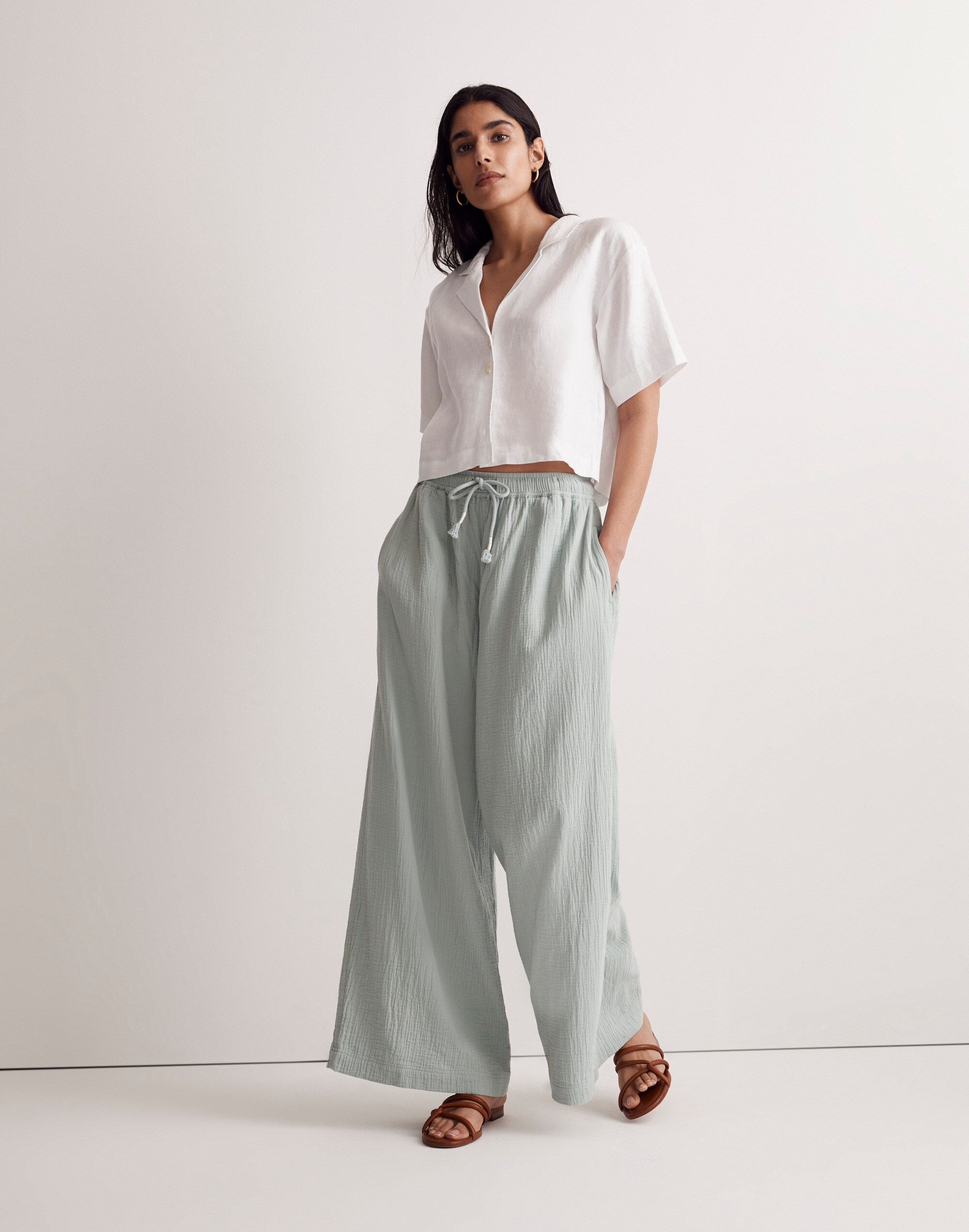 double-gauze drawstring wide-leg pants