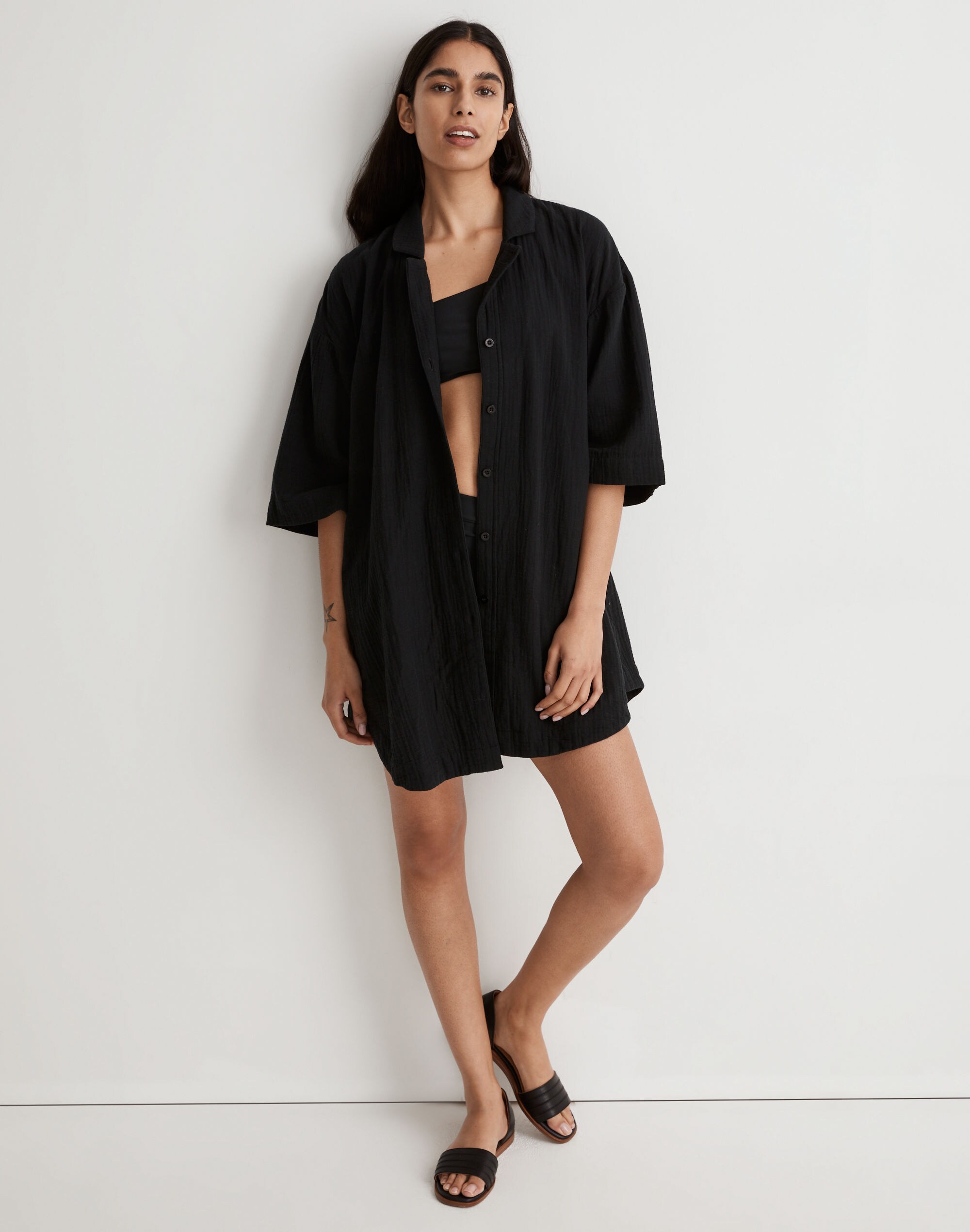 Crinkle Cotton Cover-Up Mini Shirtdress