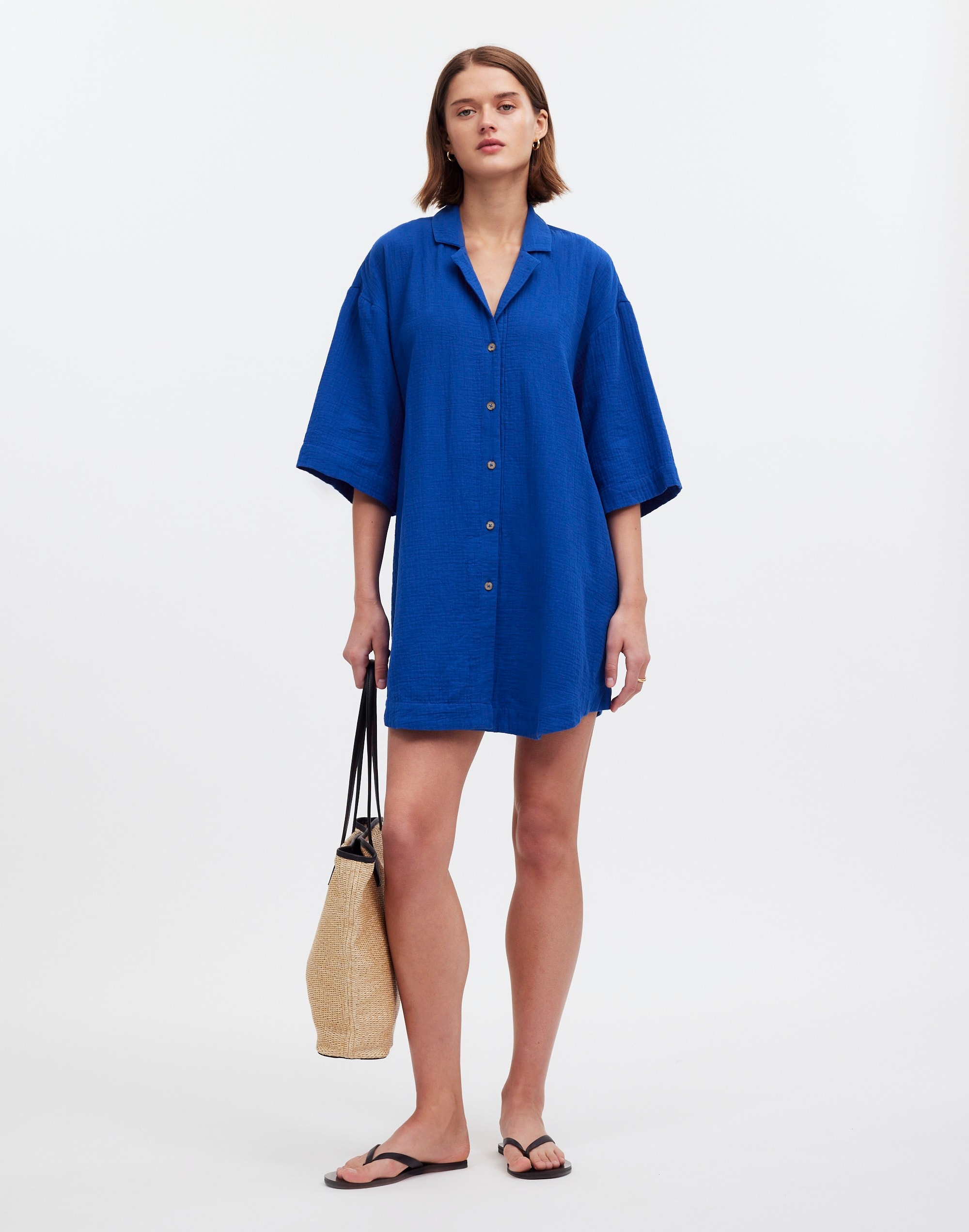 Crinkle Cotton Cover-Up Mini Shirtdress
