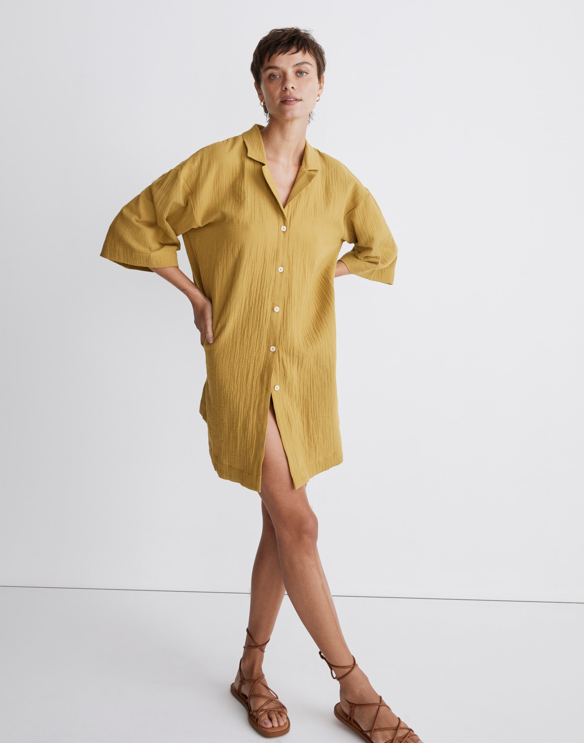 Crinkle Cotton Cover-Up Mini Shirtdress