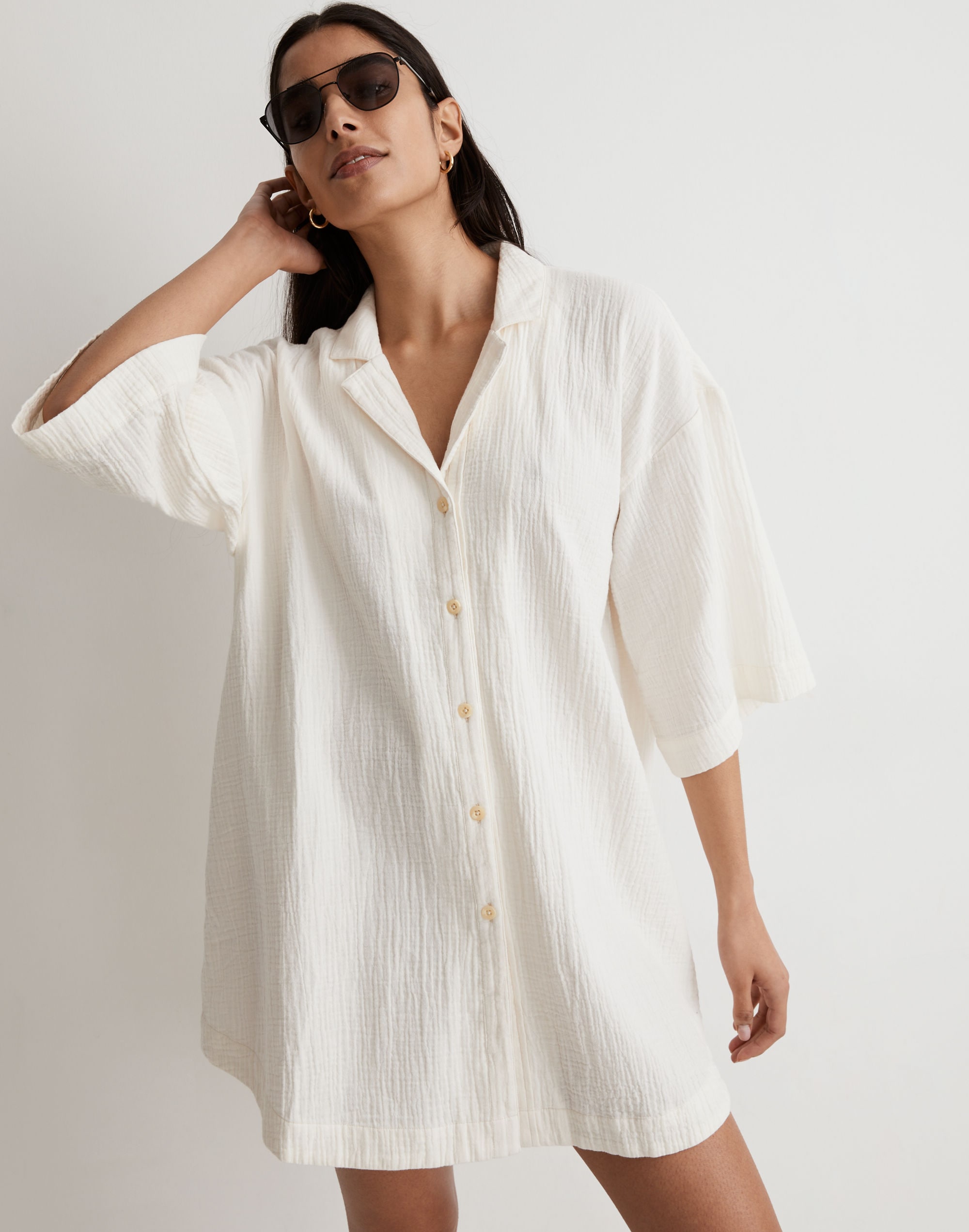 Crinkle Cotton Cover-Up Mini Shirtdress