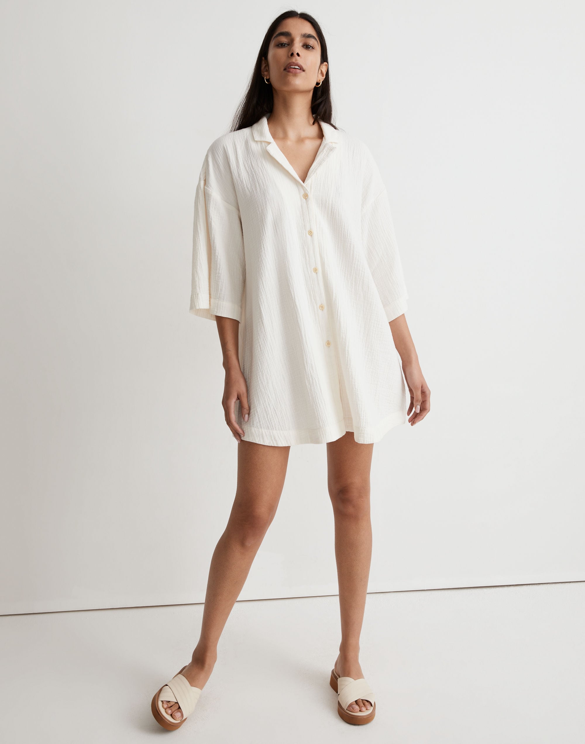 Crinkle Cotton Cover-Up Mini Shirtdress