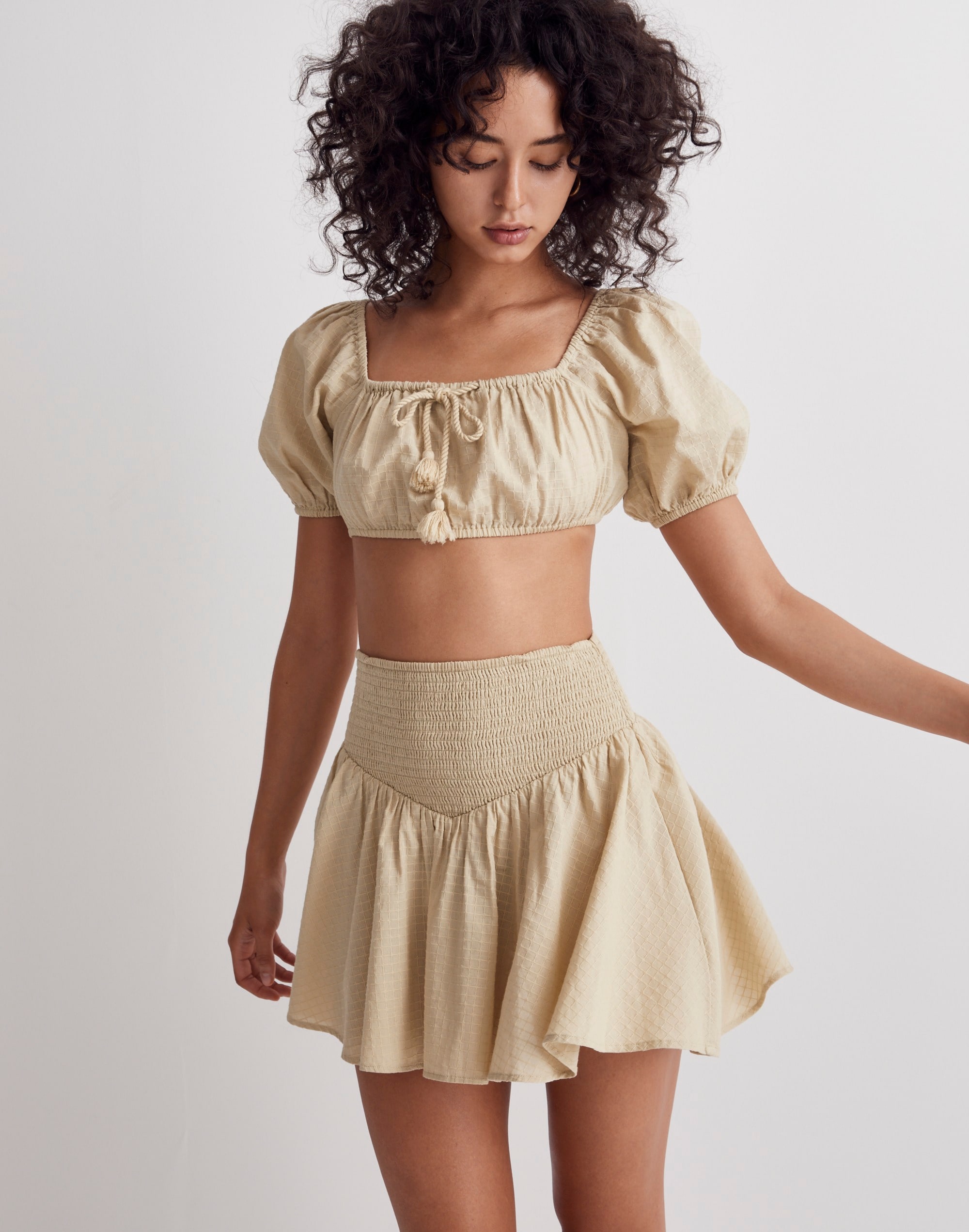 Dobby Tie-Front Puff-Sleeve Supercropped Top