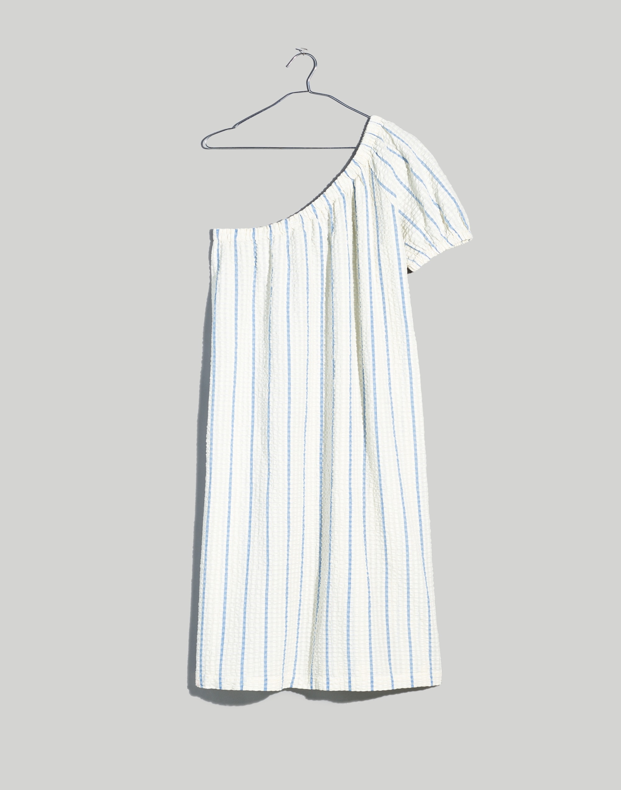 Seersucker One-Shoulder Puff-Sleeve Midi Dress in Stripe