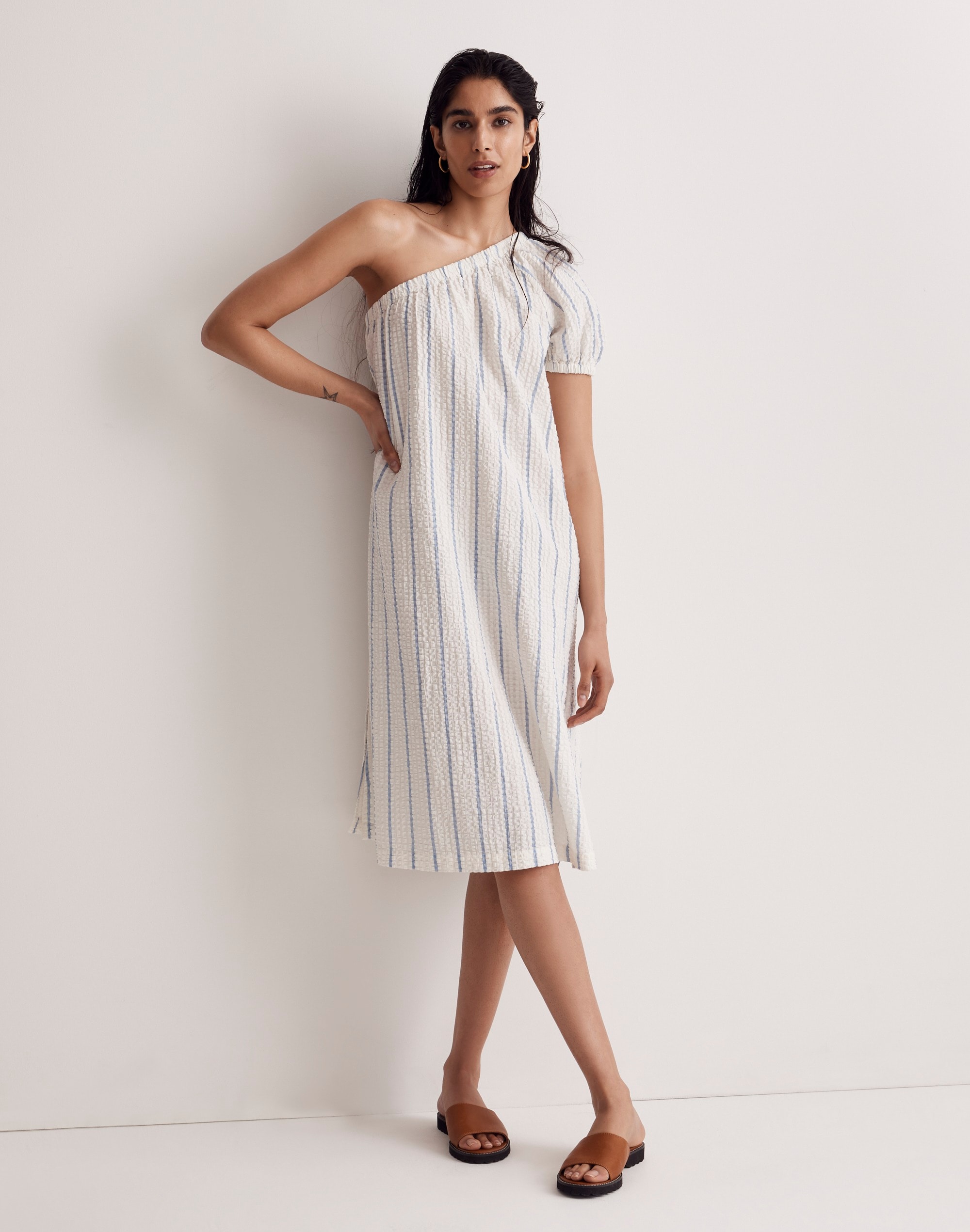 seersucker one-shoulder puff-sleeve midi dress in stripe