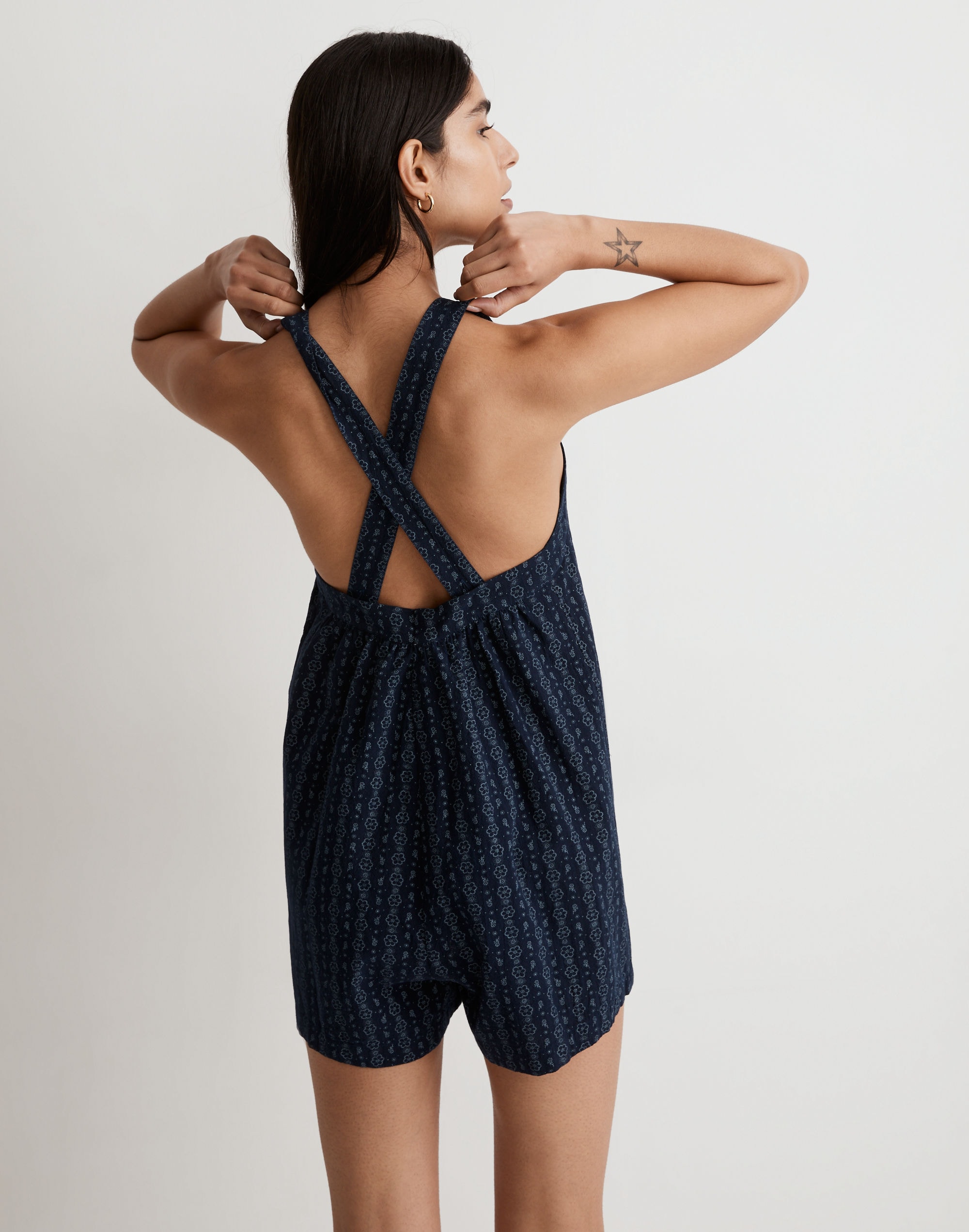 Square-Neck Crossback Romper in Striped Floral