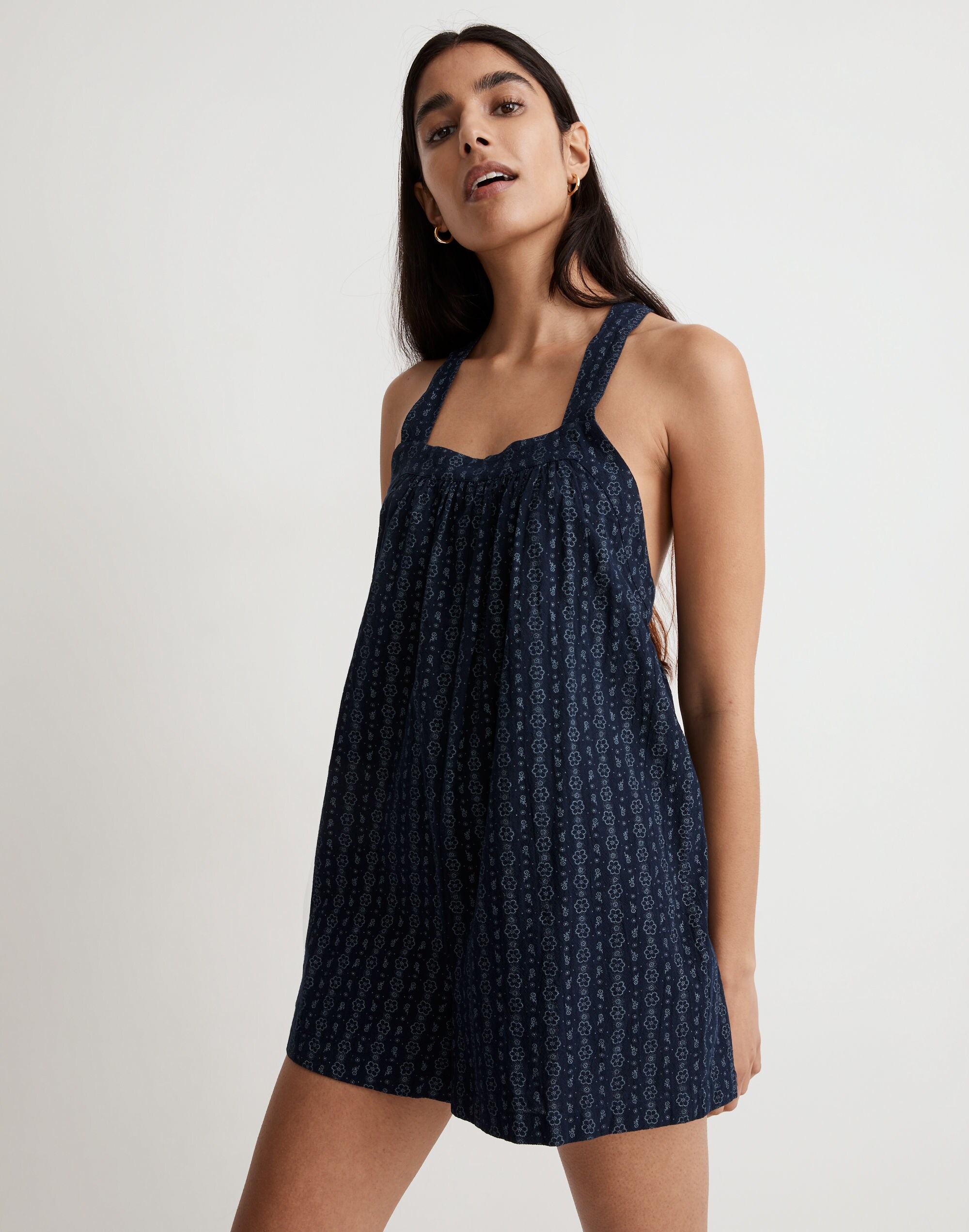 Square-Neck Crossback Romper in Striped Floral