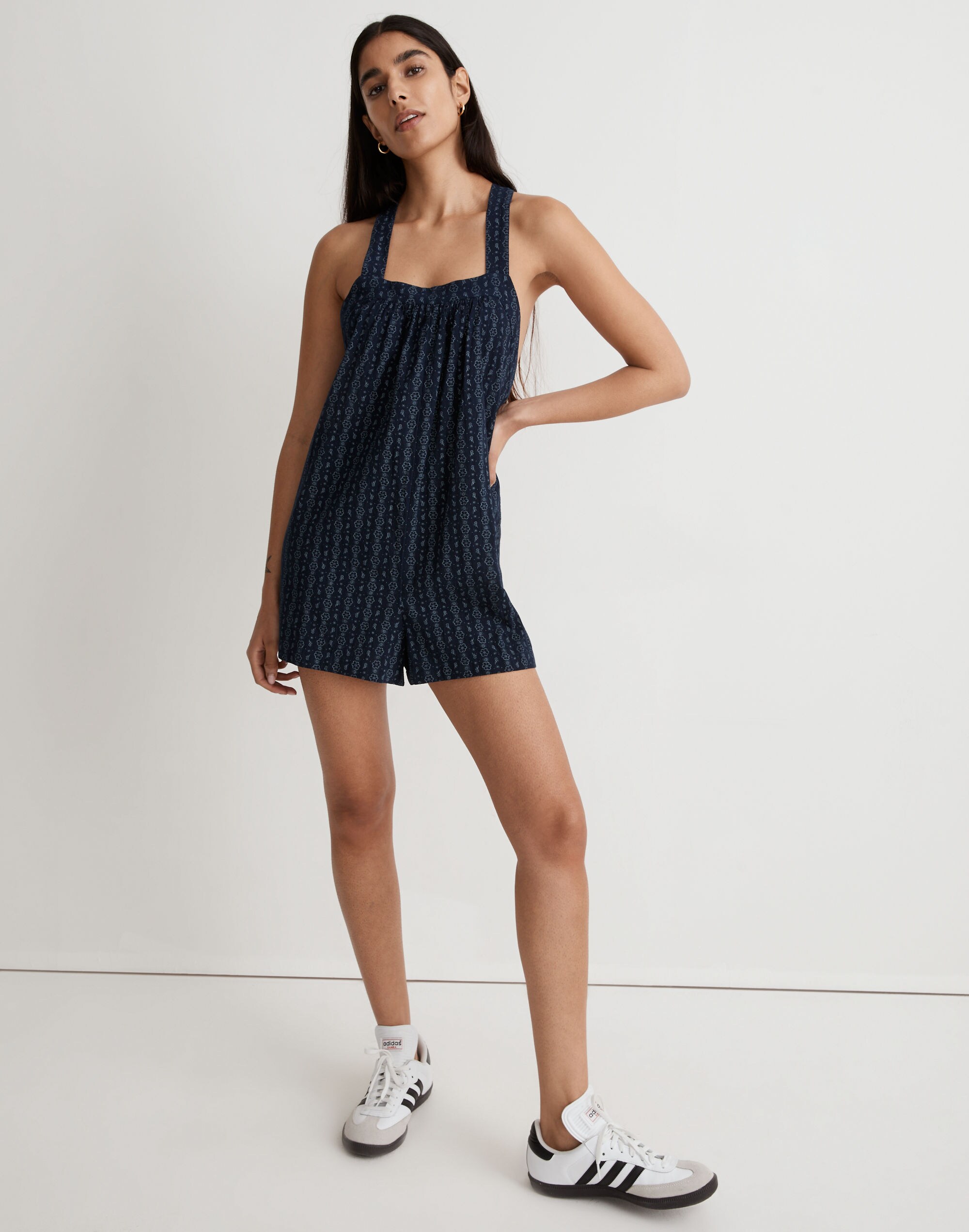Square-Neck Crossback Romper in Striped Floral