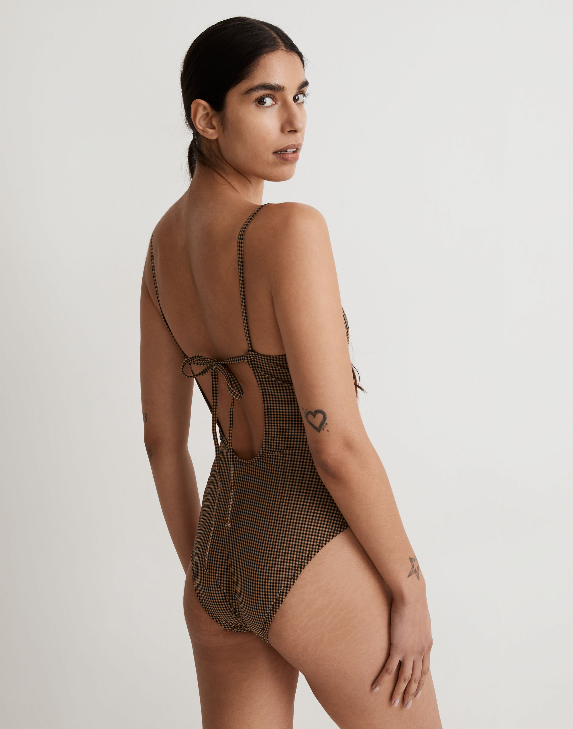 Knotted Cutout One-Piece Swimsuit in Mini Check