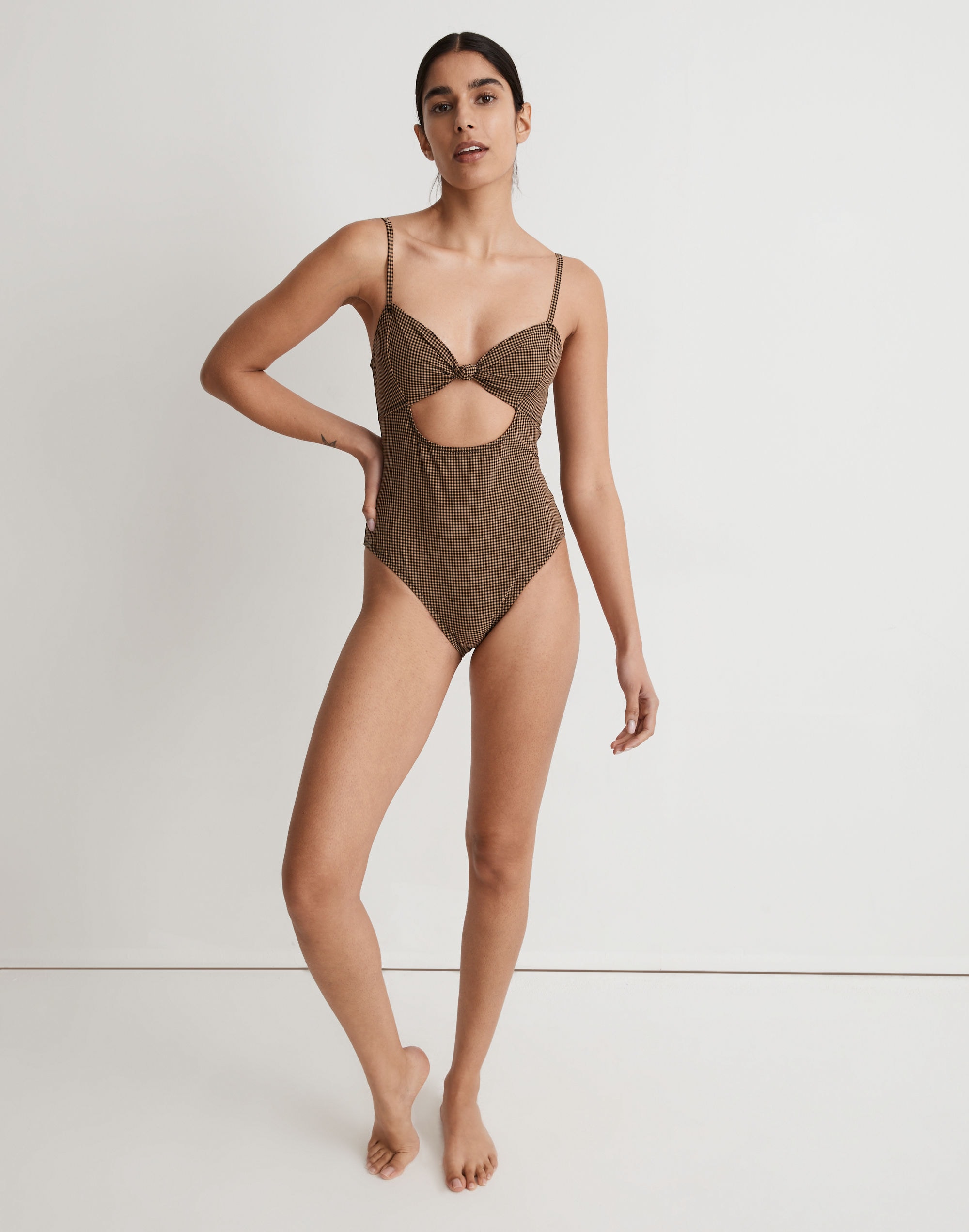 Knotted Cutout One-Piece Swimsuit in Mini Check