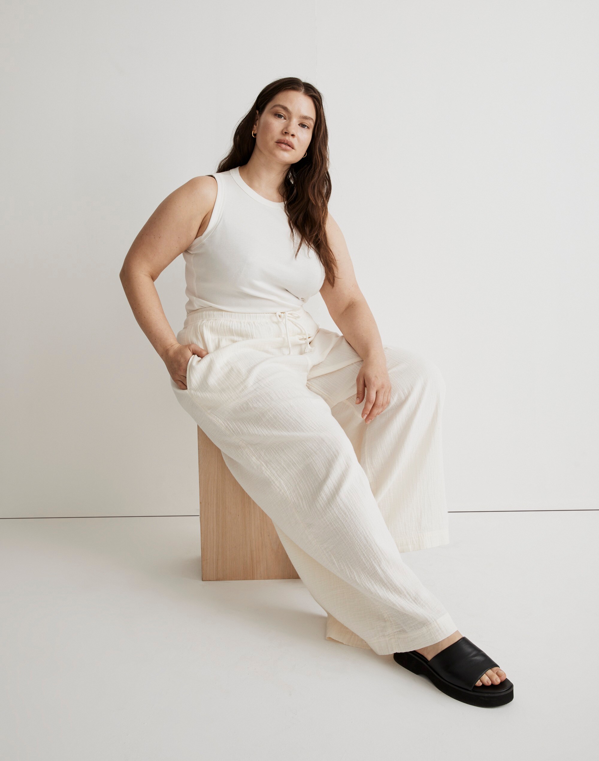 Plus Double-Gauze Drawstring Wide-Leg Pants