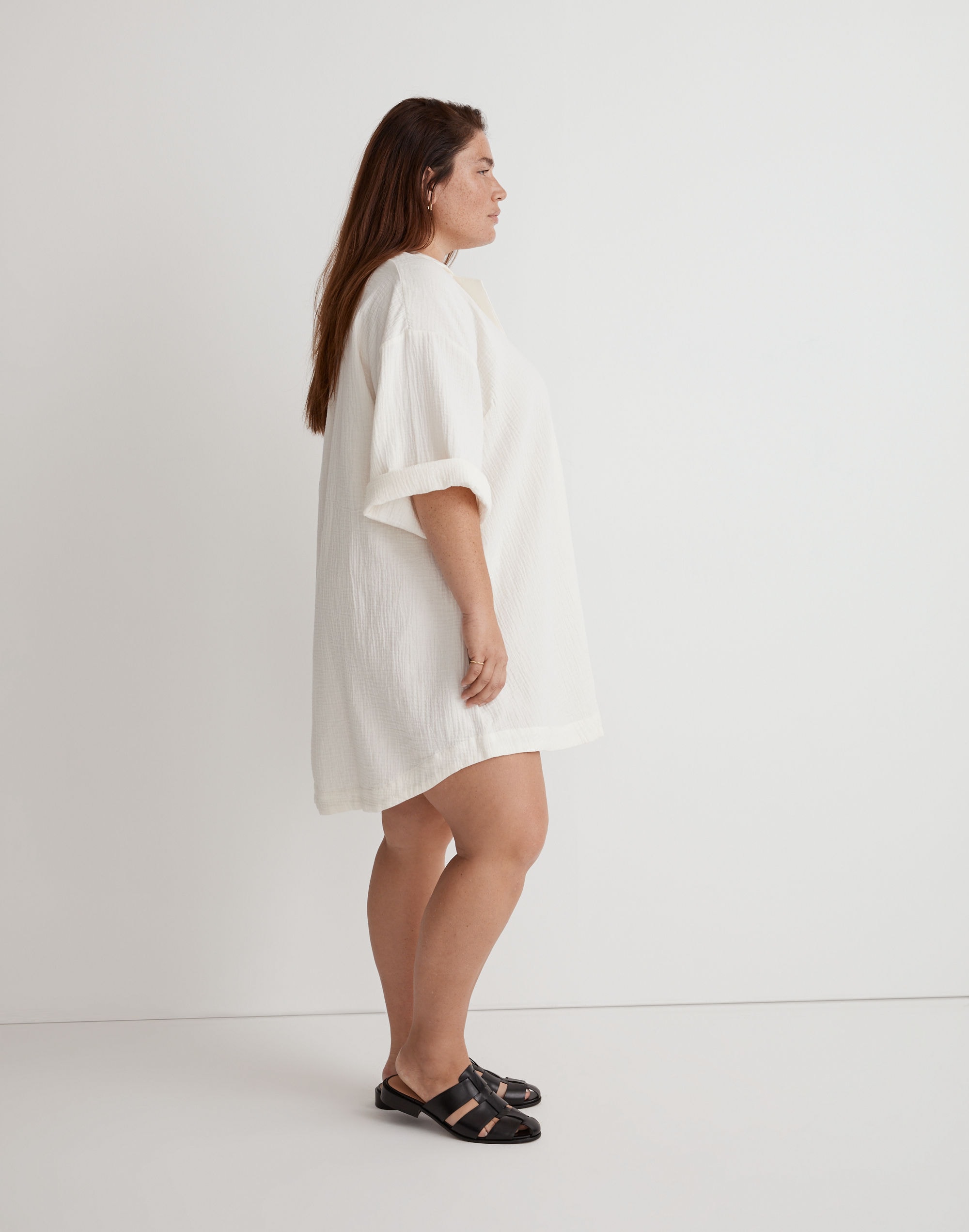 Plus Crinkle Cotton Cover-Up Mini Shirtdress