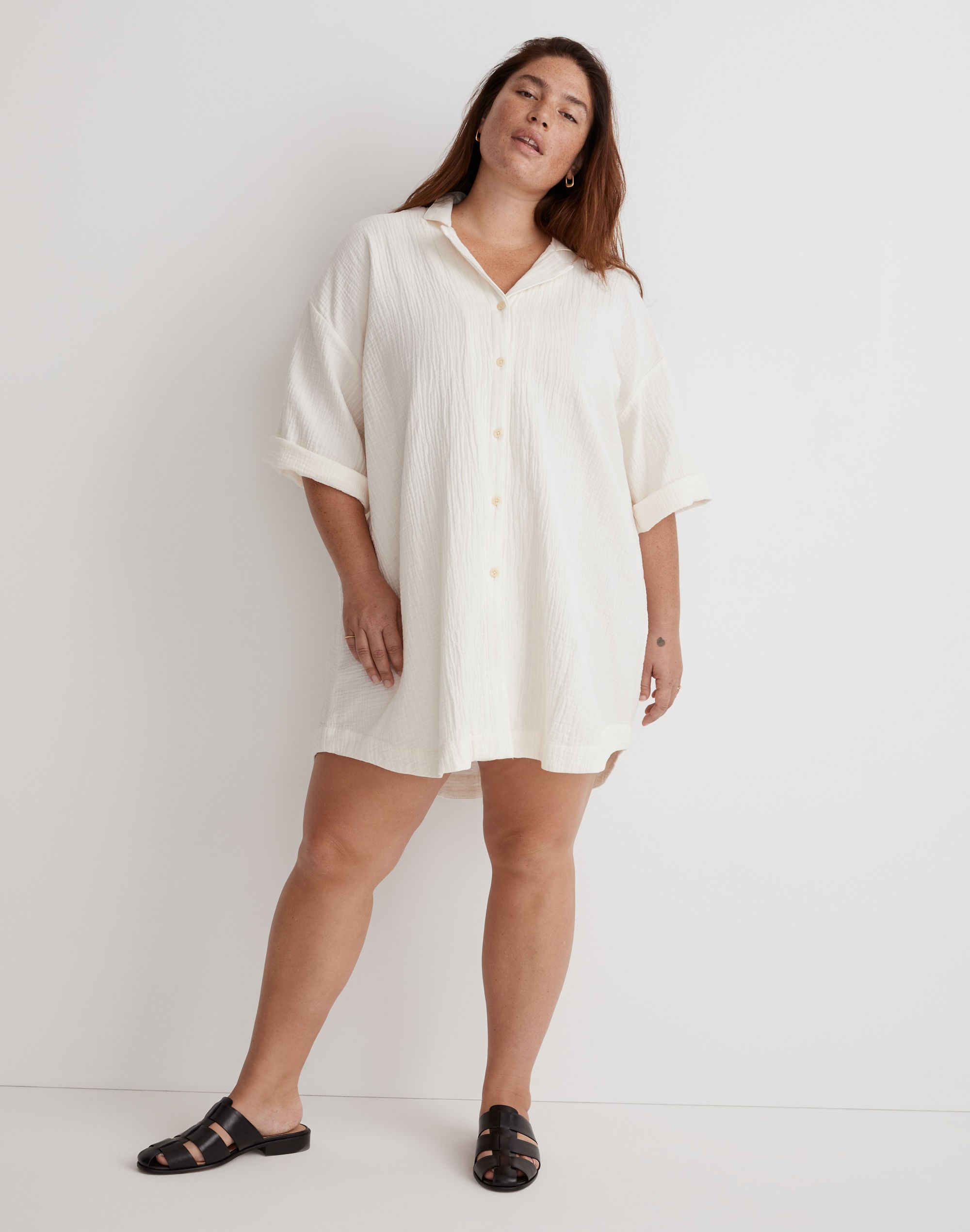 Plus Crinkle Cotton Cover-Up Mini Shirtdress
