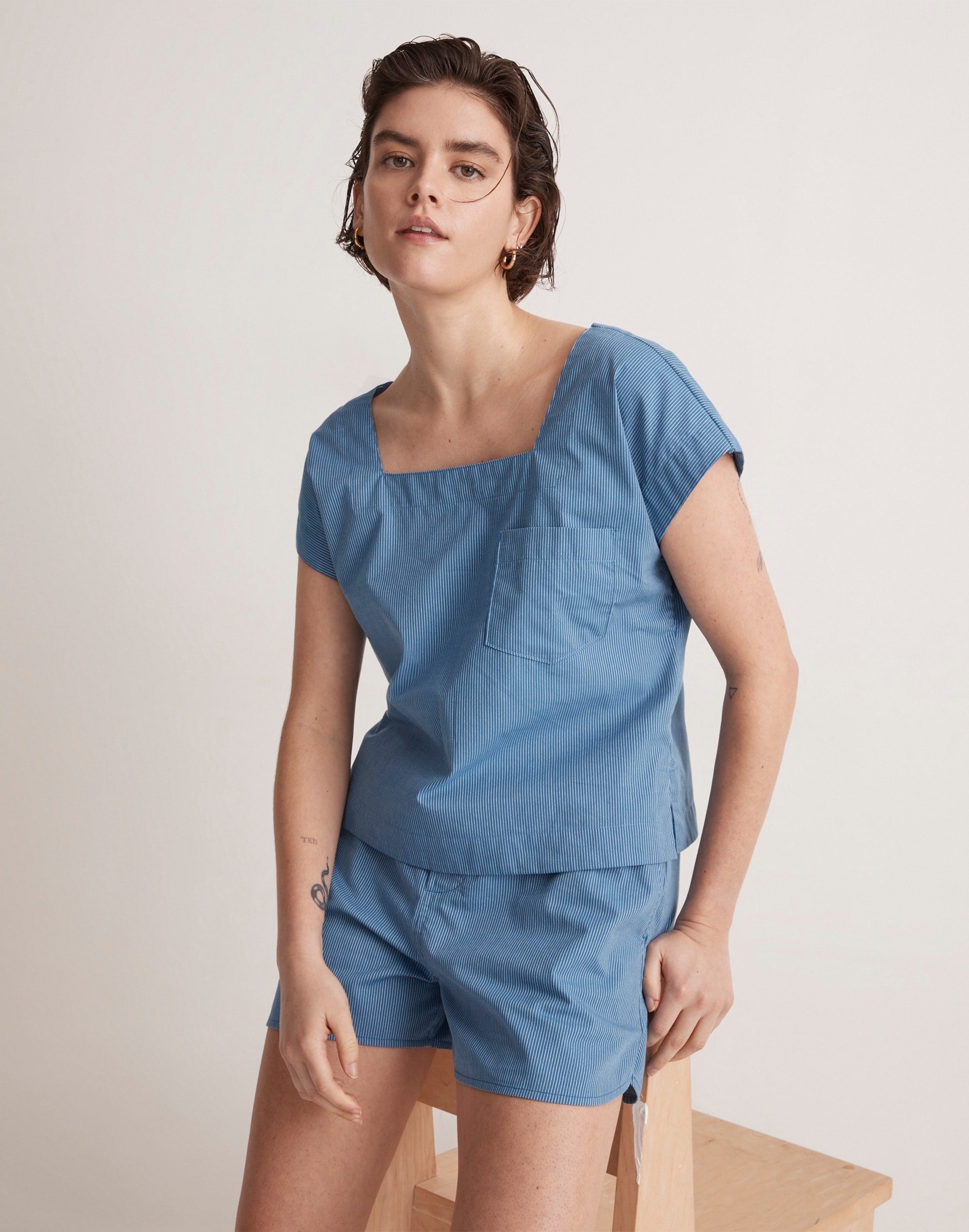 Square-Neck Top in Pinstripe