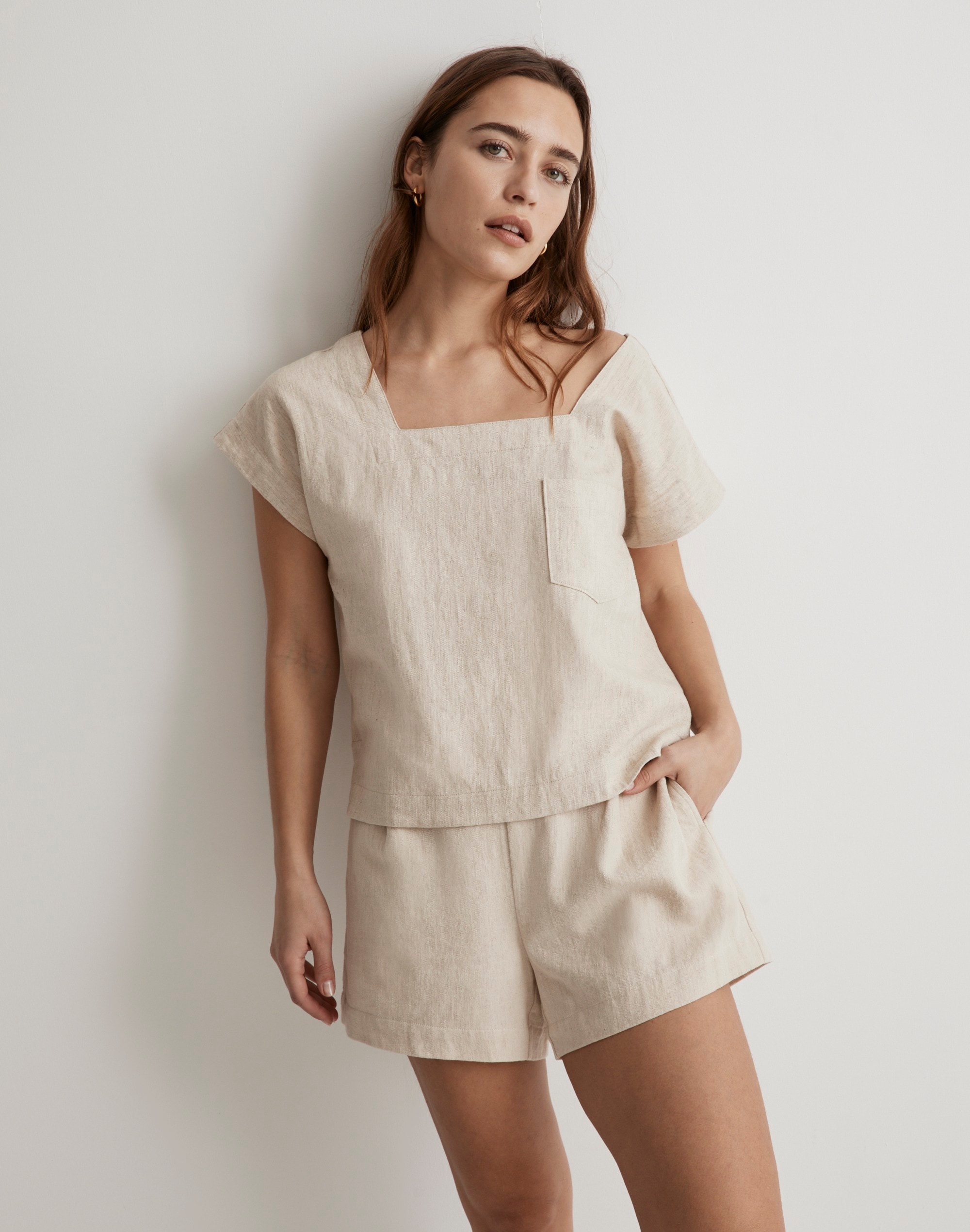 natural linen-cotton square-neck top