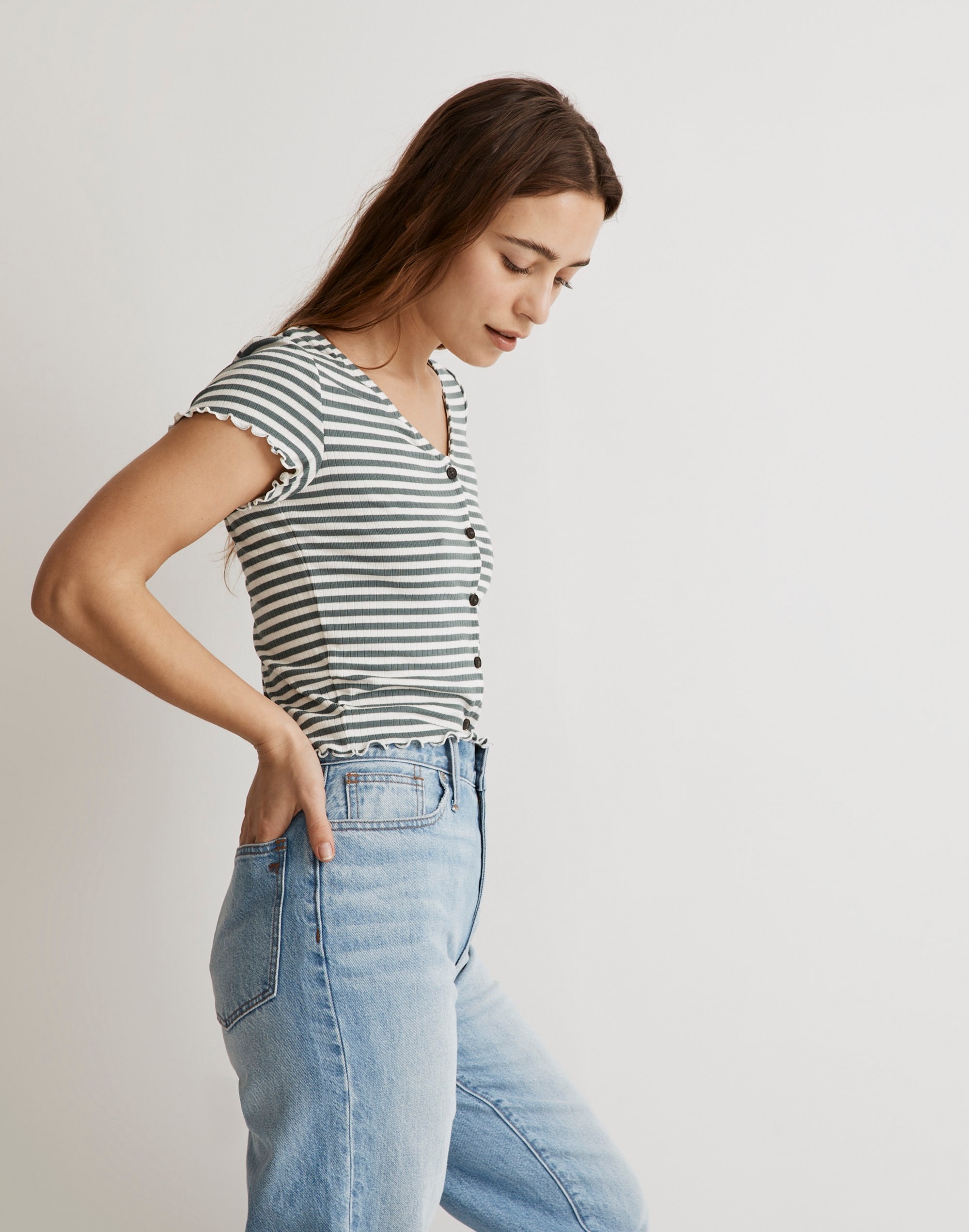 Button-Front V-Neck Tee in Stripe