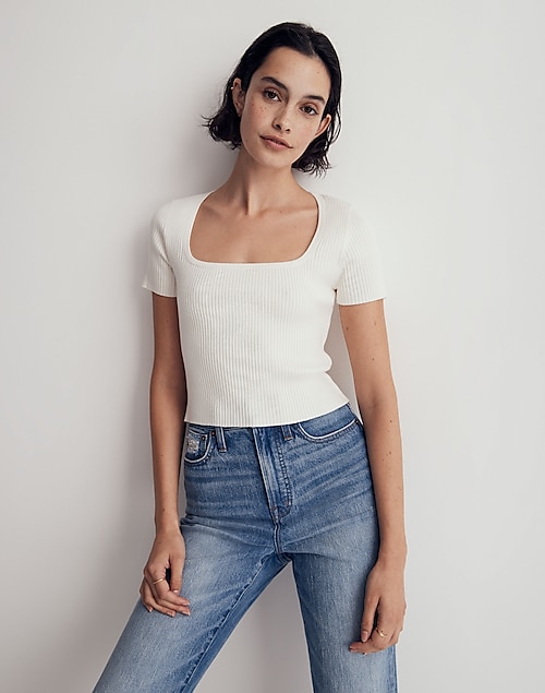 Square-Neck Crop Sweater Tee in simply white image 1