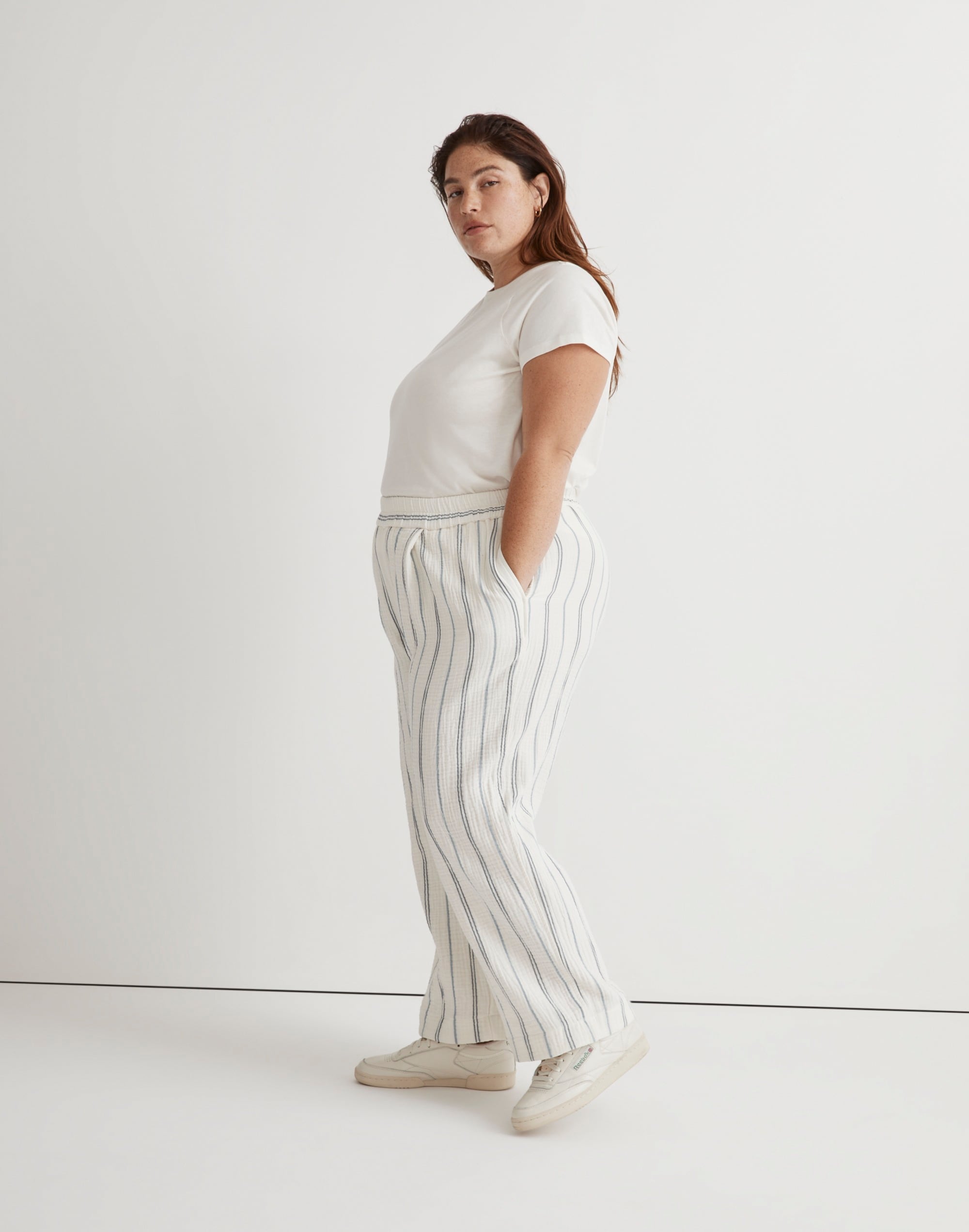 The Plus Untailored Wide-Leg Crop Pant in Striped Lightspun