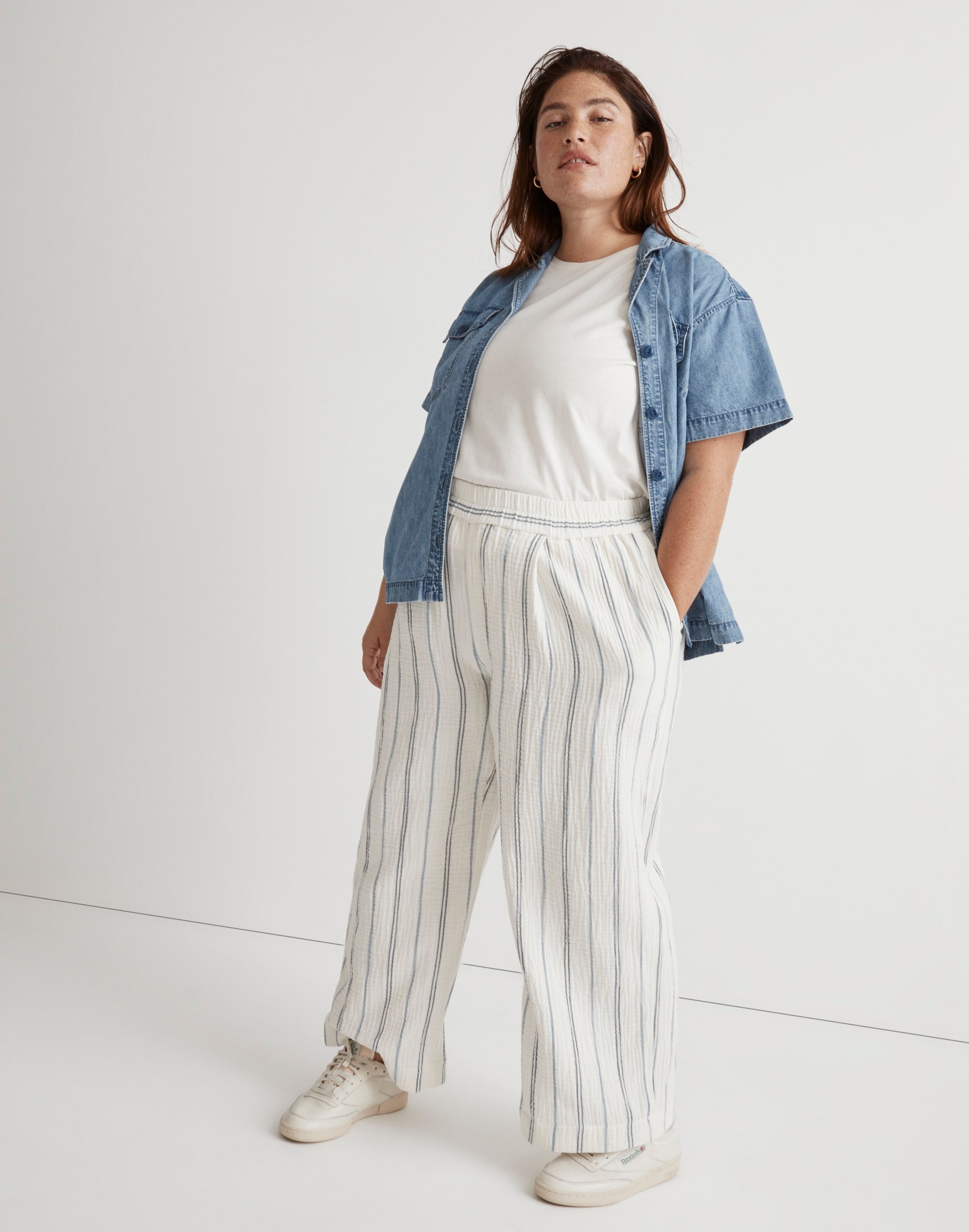 The Plus Untailored Wide-Leg Crop Pant in Striped Lightspun