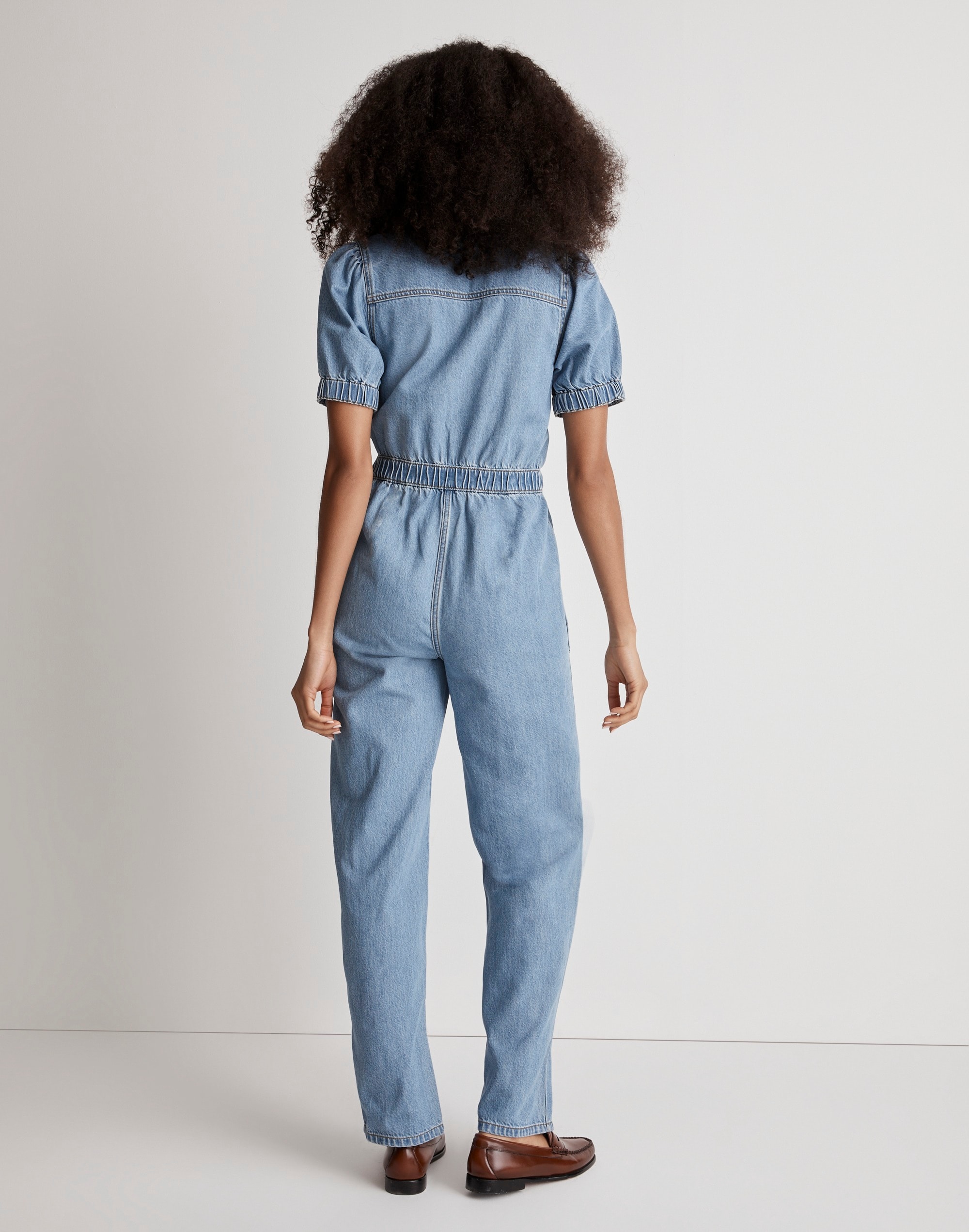 Denim Puff-Sleeve Zip-Up Coverall in Milburn Wash