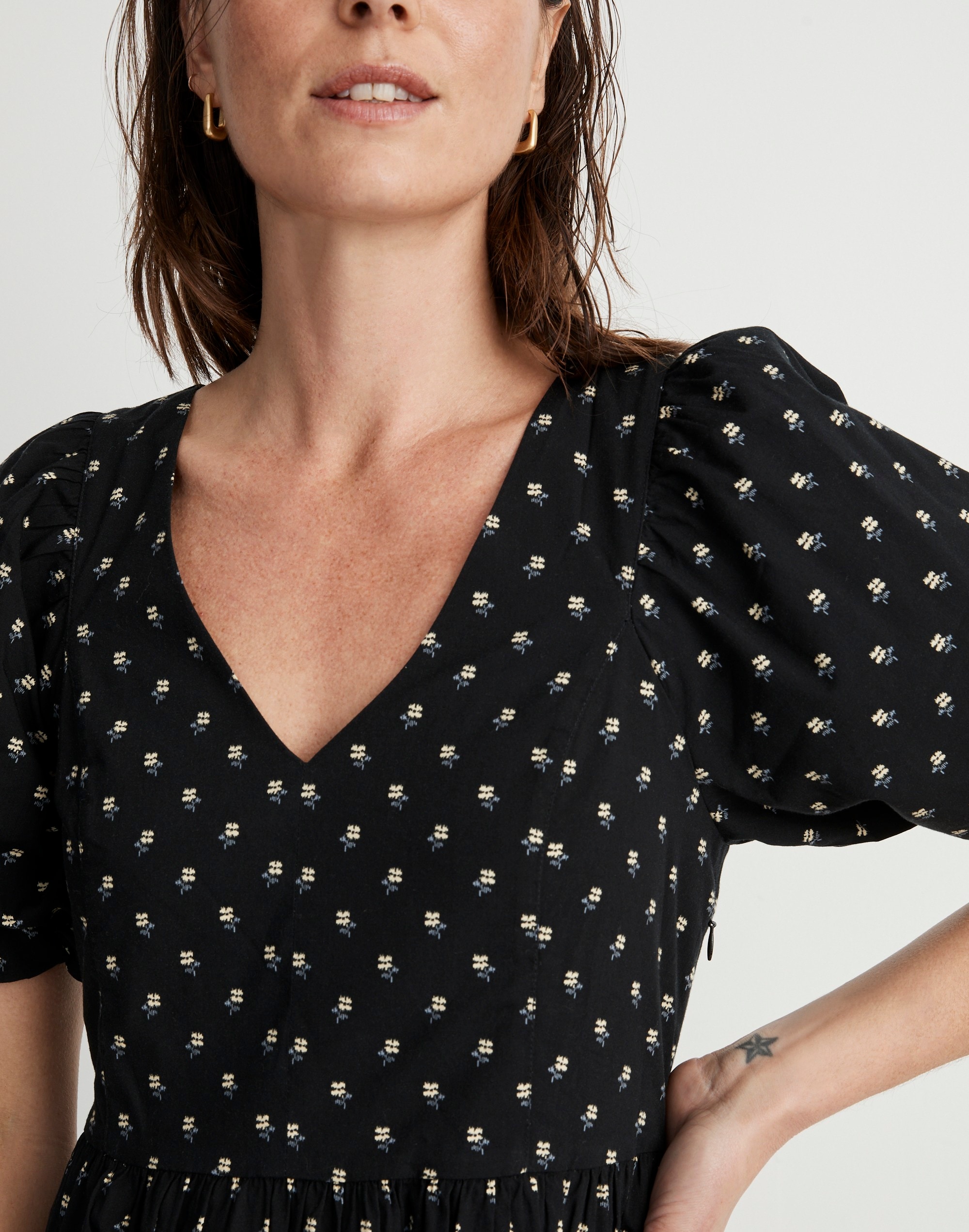 V-Neck Puff-Sleeve Mini Dress in Floral Ikat