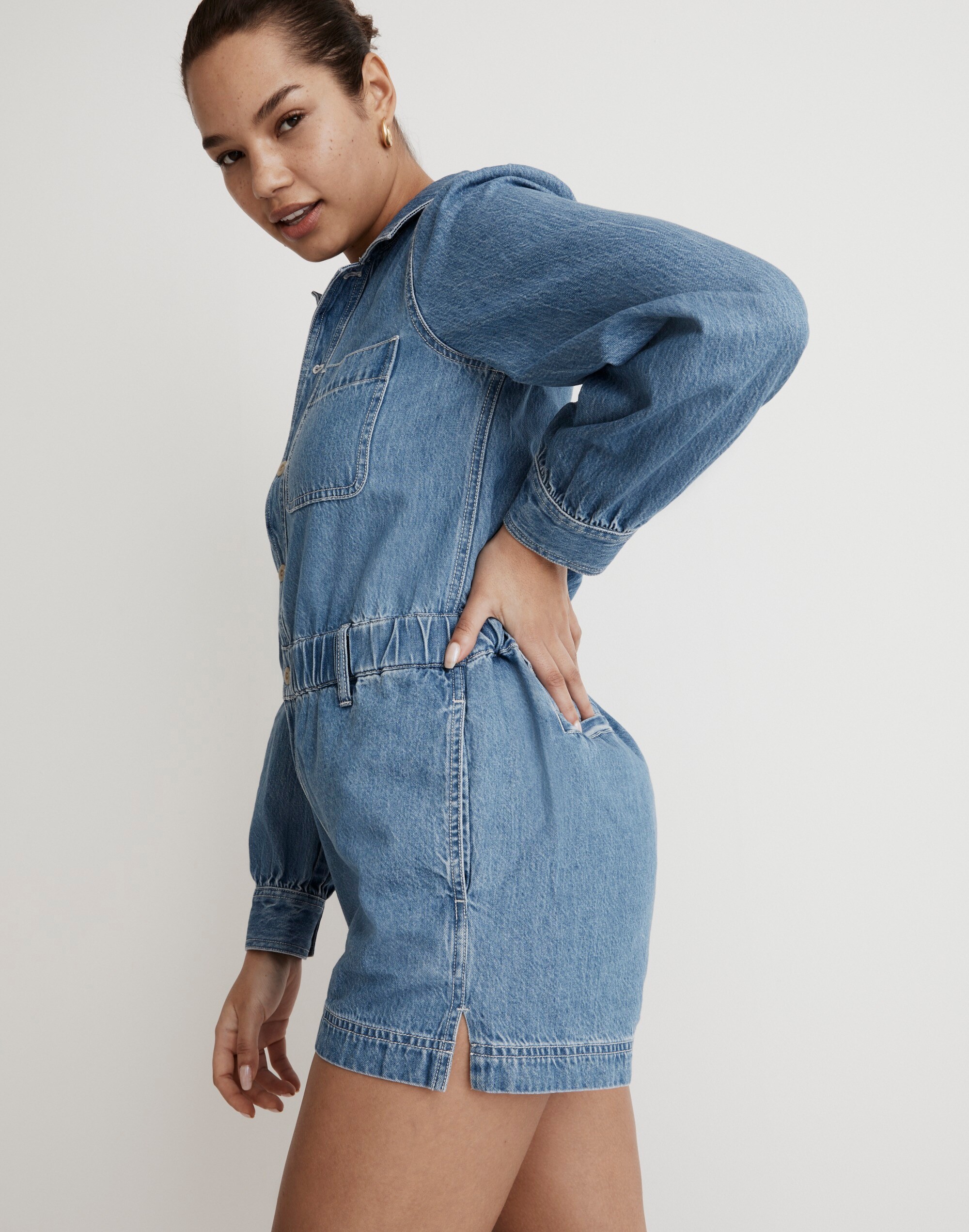 Denim Long-Sleeve Romper in Rushland Wash