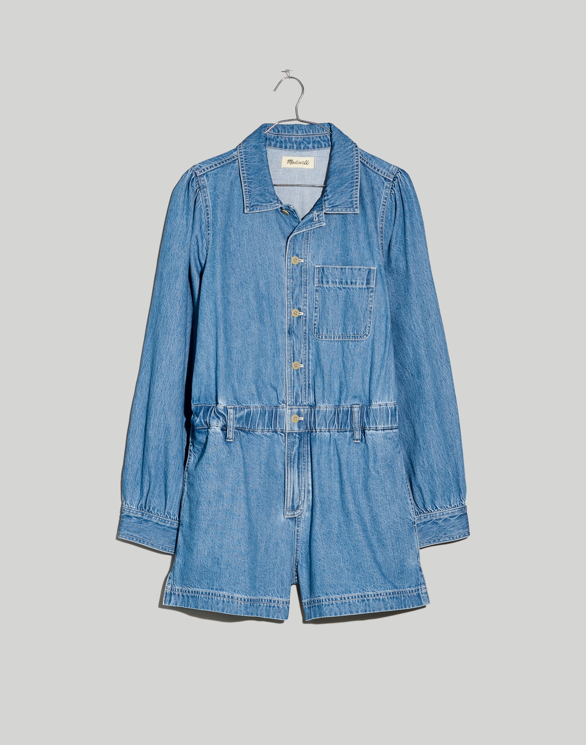 Denim Long-Sleeve Romper in Rushland Wash