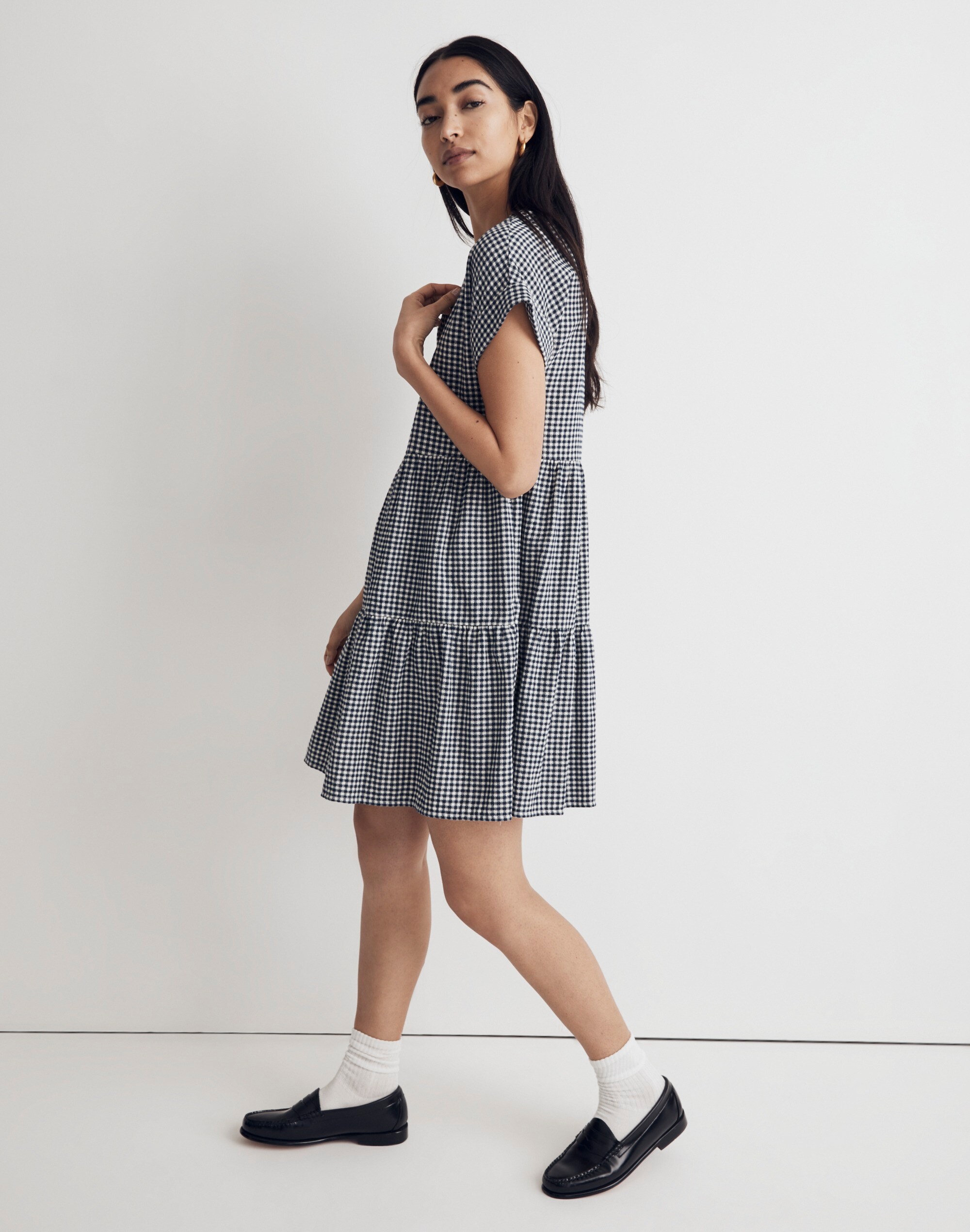 Cuff-Sleeve Button-Front Tiered Mini Dress in Gingham Check